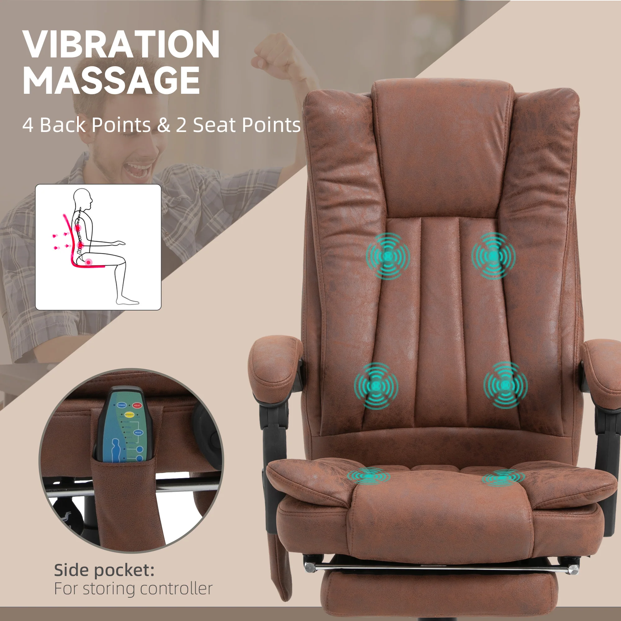 Vinsetto 6-Point Vibrating Heat Massage Chair W/ Microfibre Upholstery - Dark Brown/Light Brown/Charcoal Grey/Cream - Image 17