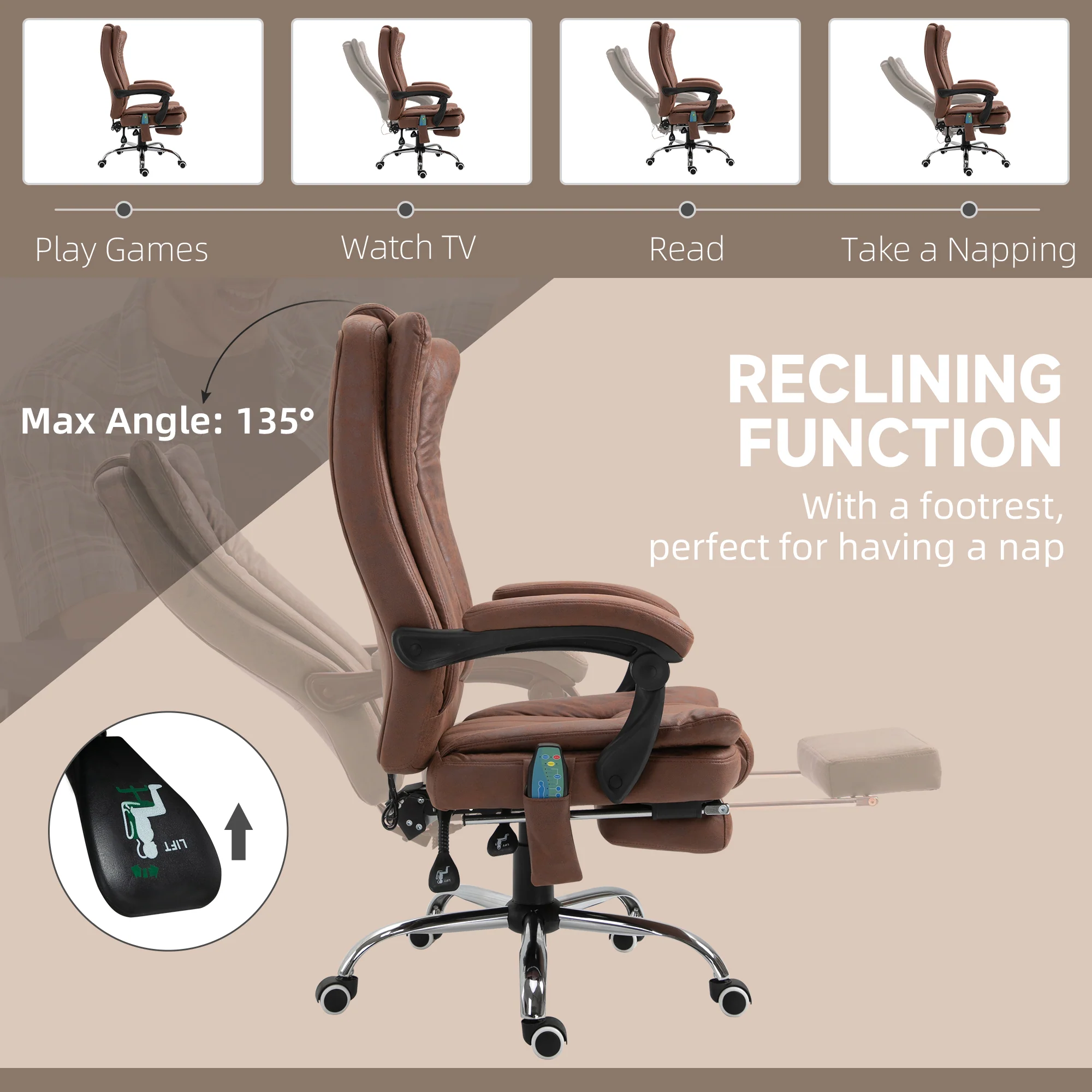 Vinsetto 6-Point Vibrating Heat Massage Chair W/ Microfibre Upholstery - Dark Brown/Light Brown/Charcoal Grey/Cream - Image 19