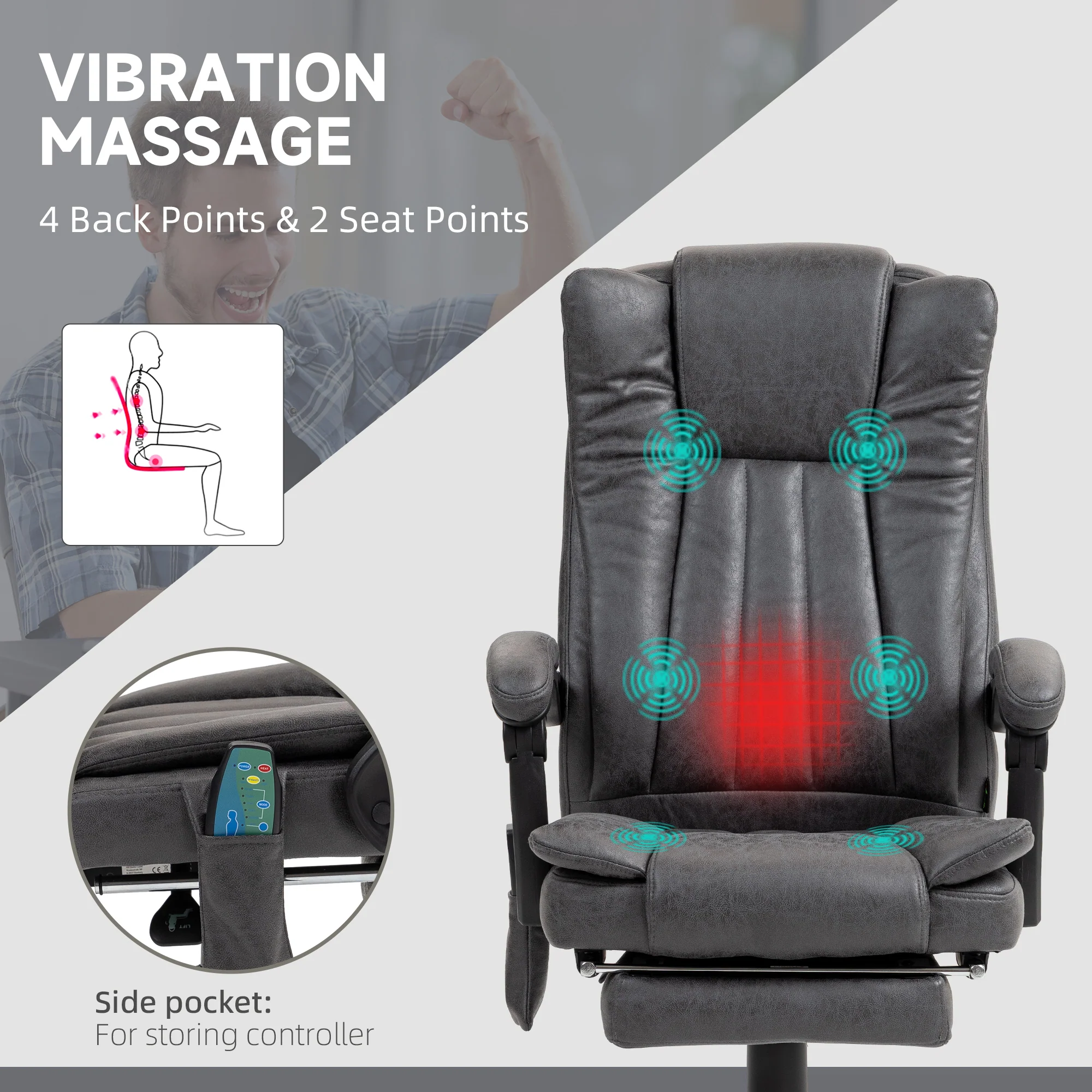 Vinsetto 6-Point Vibrating Heat Massage Chair W/ Microfibre Upholstery - Dark Brown/Light Brown/Charcoal Grey/Cream - Image 22