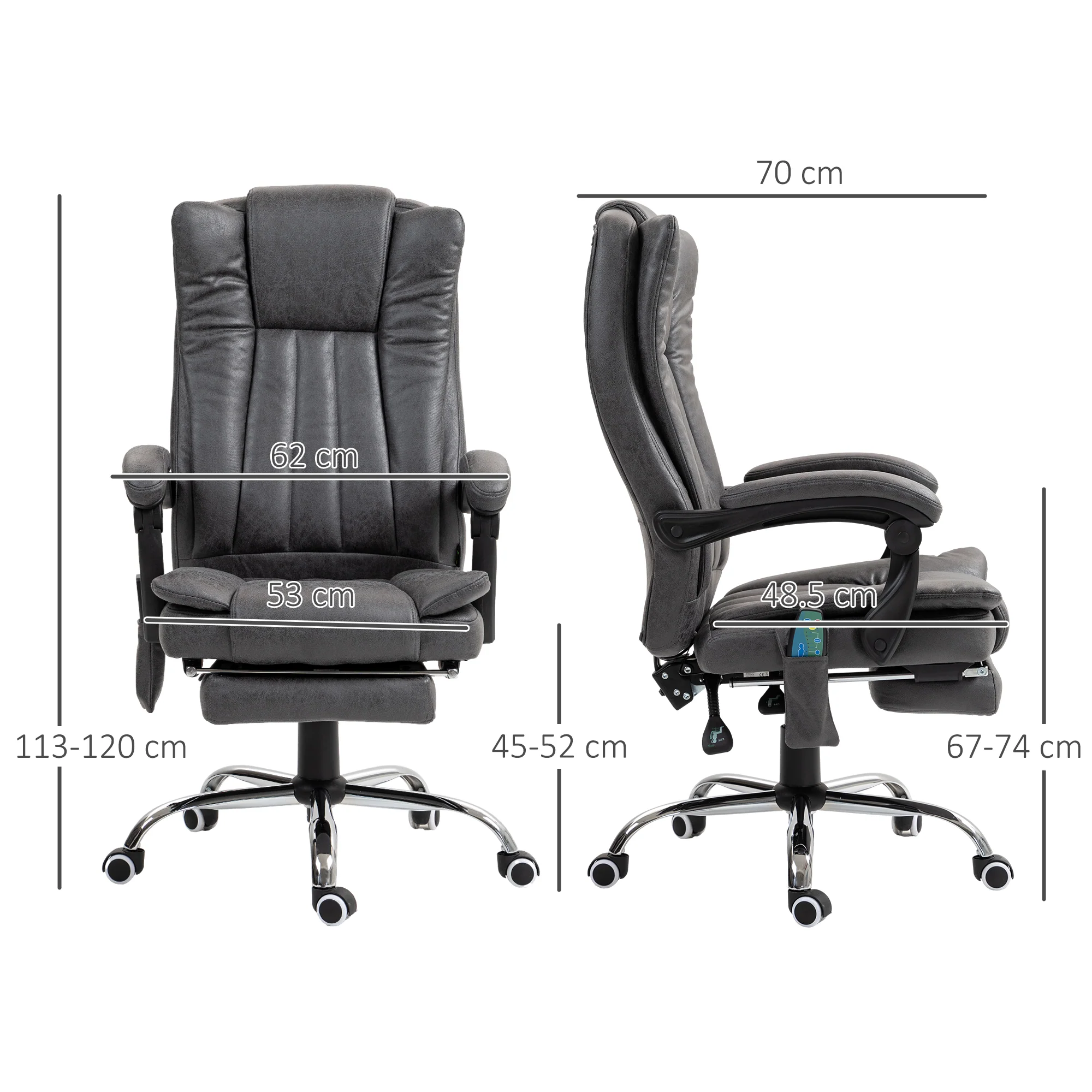 Vinsetto 6-Point Vibrating Heat Massage Chair W/ Microfibre Upholstery - Dark Brown/Light Brown/Charcoal Grey/Cream - Image 24