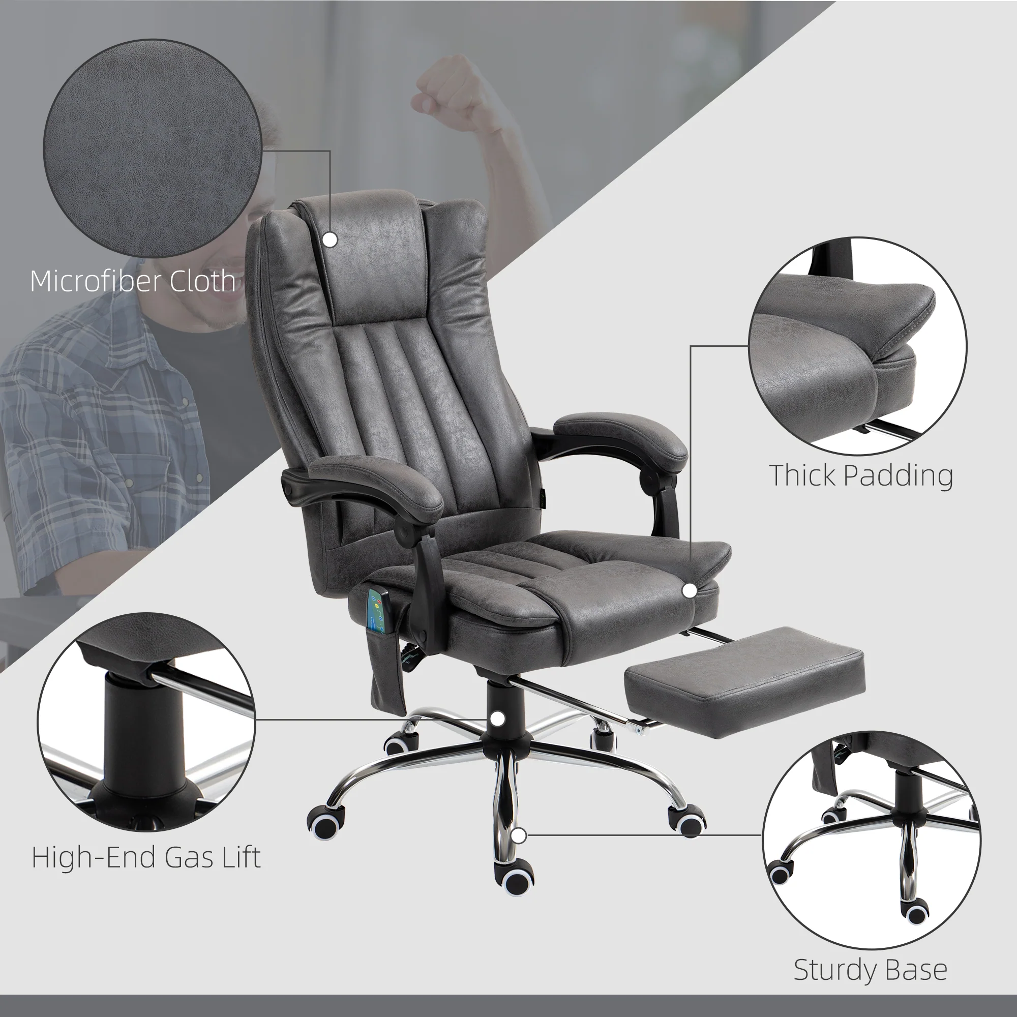 Vinsetto 6-Point Vibrating Heat Massage Chair W/ Microfibre Upholstery - Dark Brown/Light Brown/Charcoal Grey/Cream - Image 25