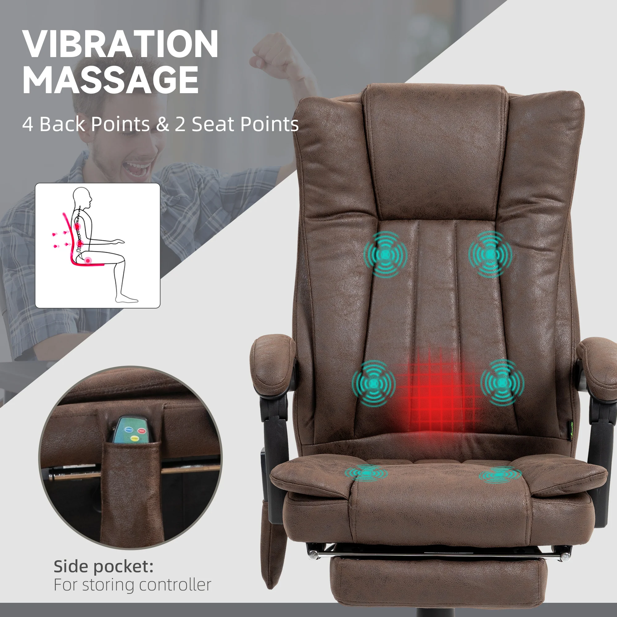 Vinsetto 6-Point Vibrating Heat Massage Chair W/ Microfibre Upholstery - Dark Brown/Light Brown/Charcoal Grey/Cream - Image 3
