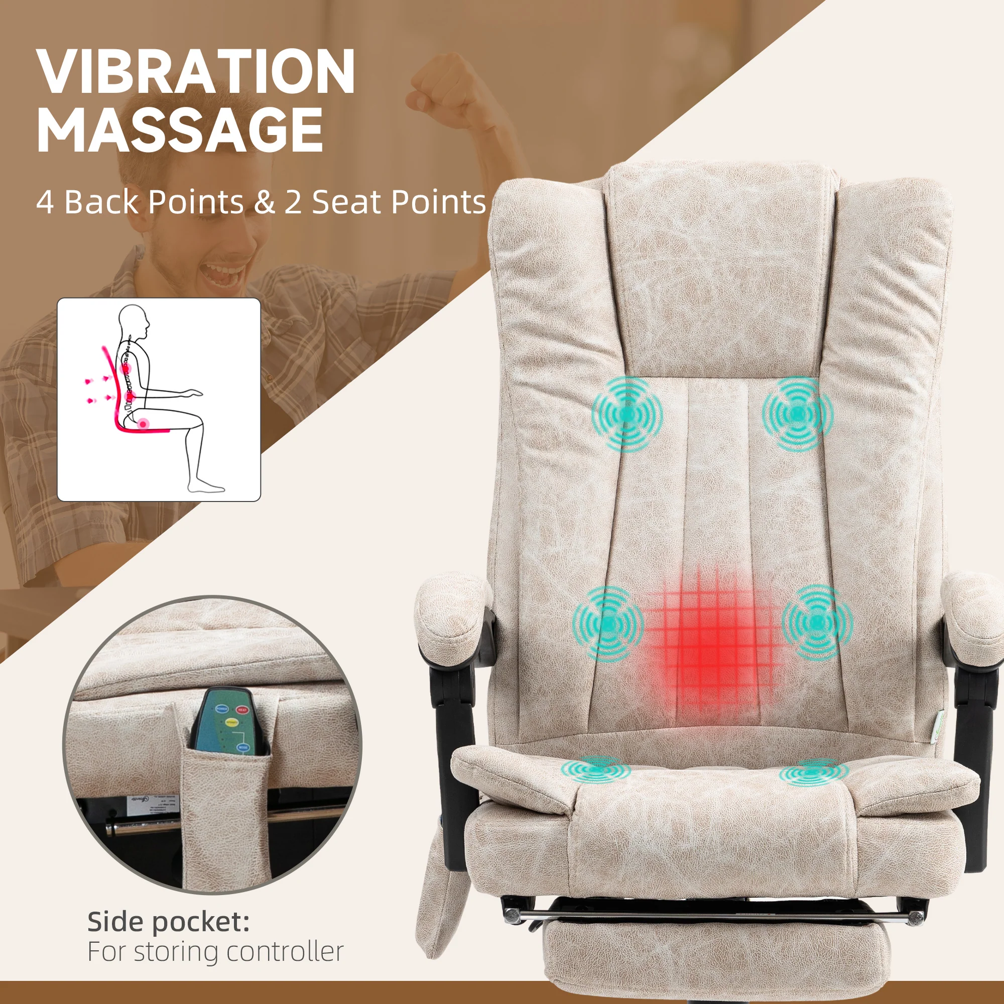 Vinsetto 6-Point Vibrating Heat Massage Chair W/ Microfibre Upholstery - Dark Brown/Light Brown/Charcoal Grey/Cream - Image 30