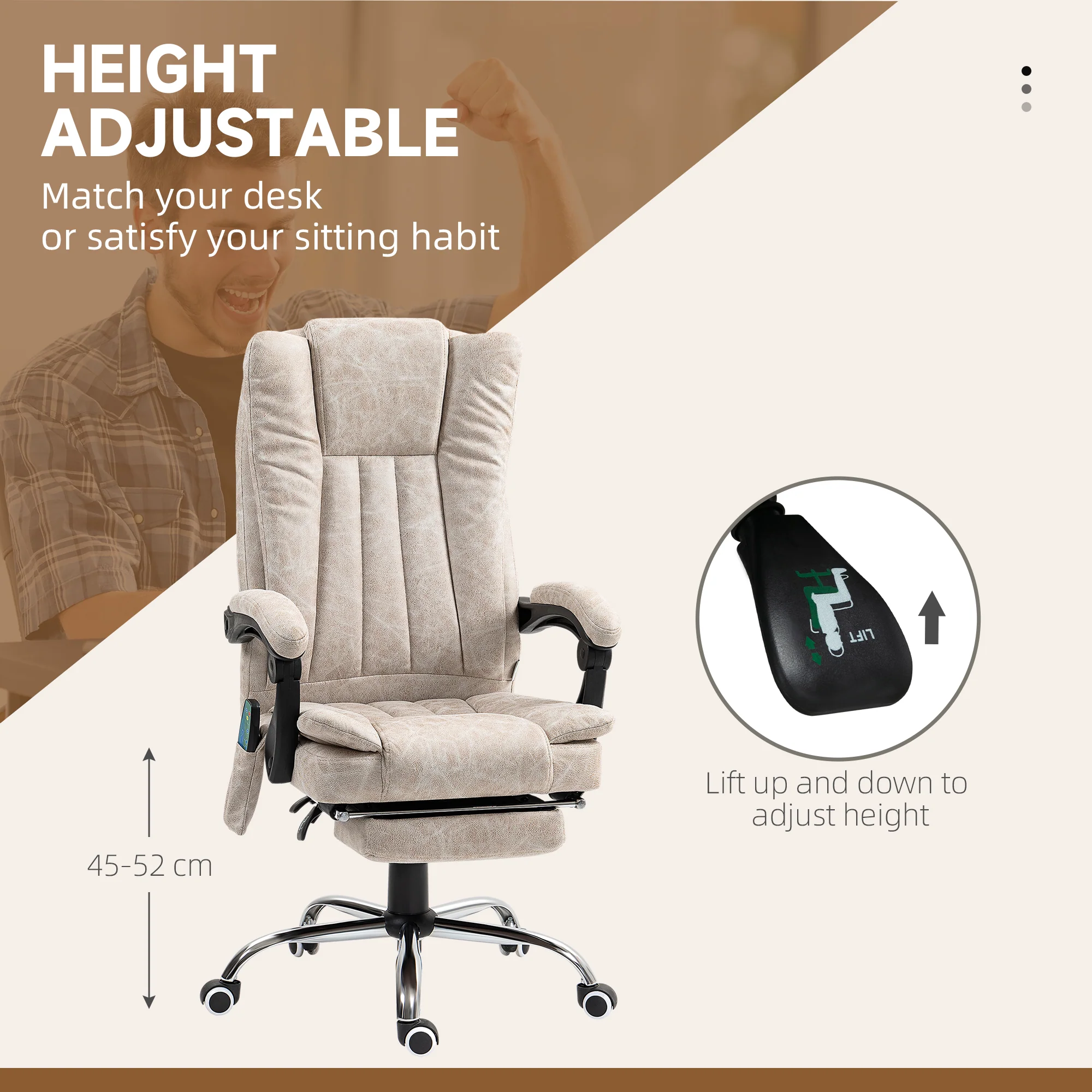 Vinsetto 6-Point Vibrating Heat Massage Chair W/ Microfibre Upholstery - Dark Brown/Light Brown/Charcoal Grey/Cream - Image 31