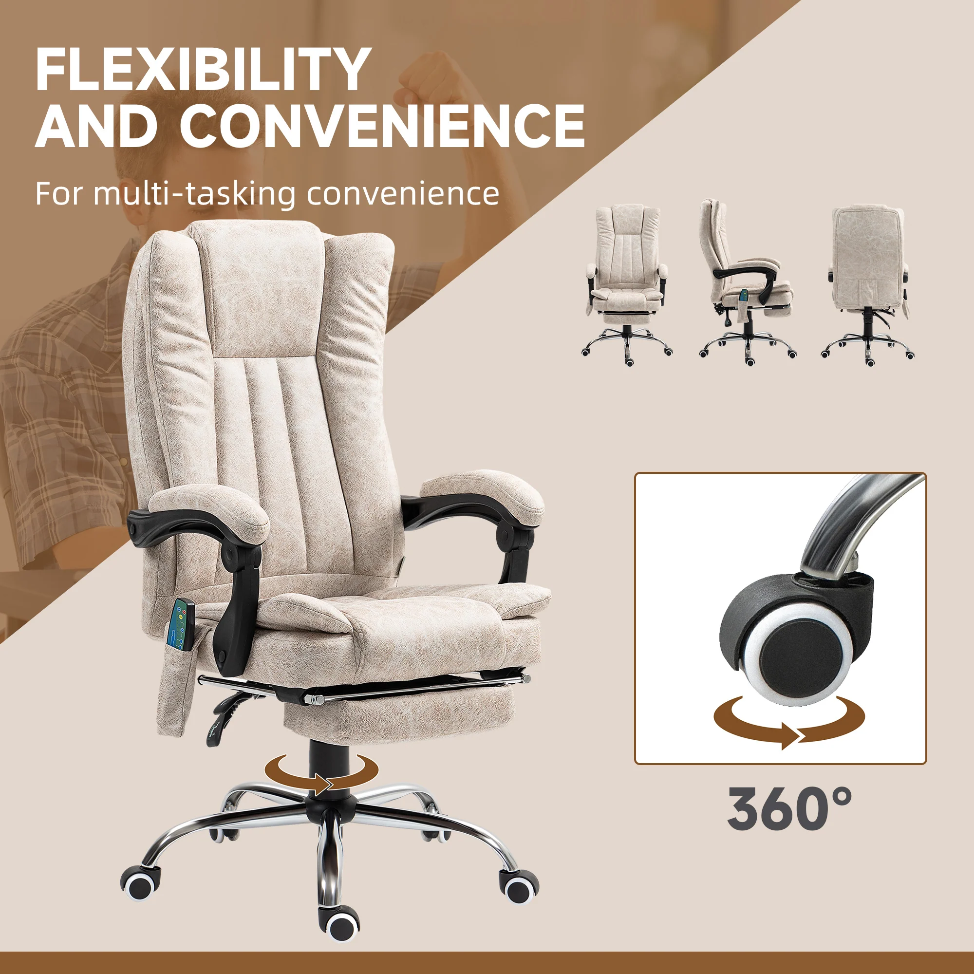 Vinsetto 6-Point Vibrating Heat Massage Chair W/ Microfibre Upholstery - Dark Brown/Light Brown/Charcoal Grey/Cream - Image 33