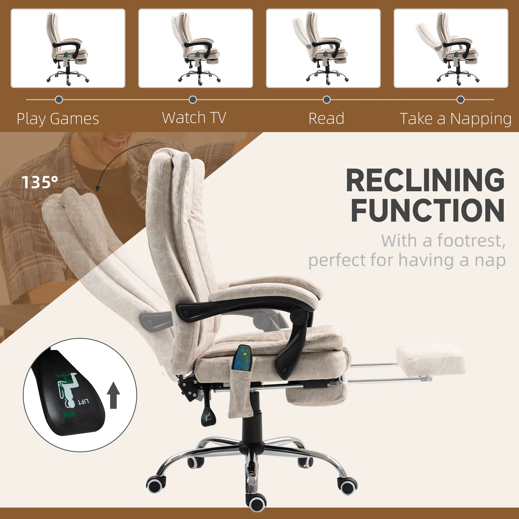 Vinsetto 6-Point Vibrating Heat Massage Chair W/ Microfibre Upholstery - Dark Brown/Light Brown/Charcoal Grey/Cream - Image 35