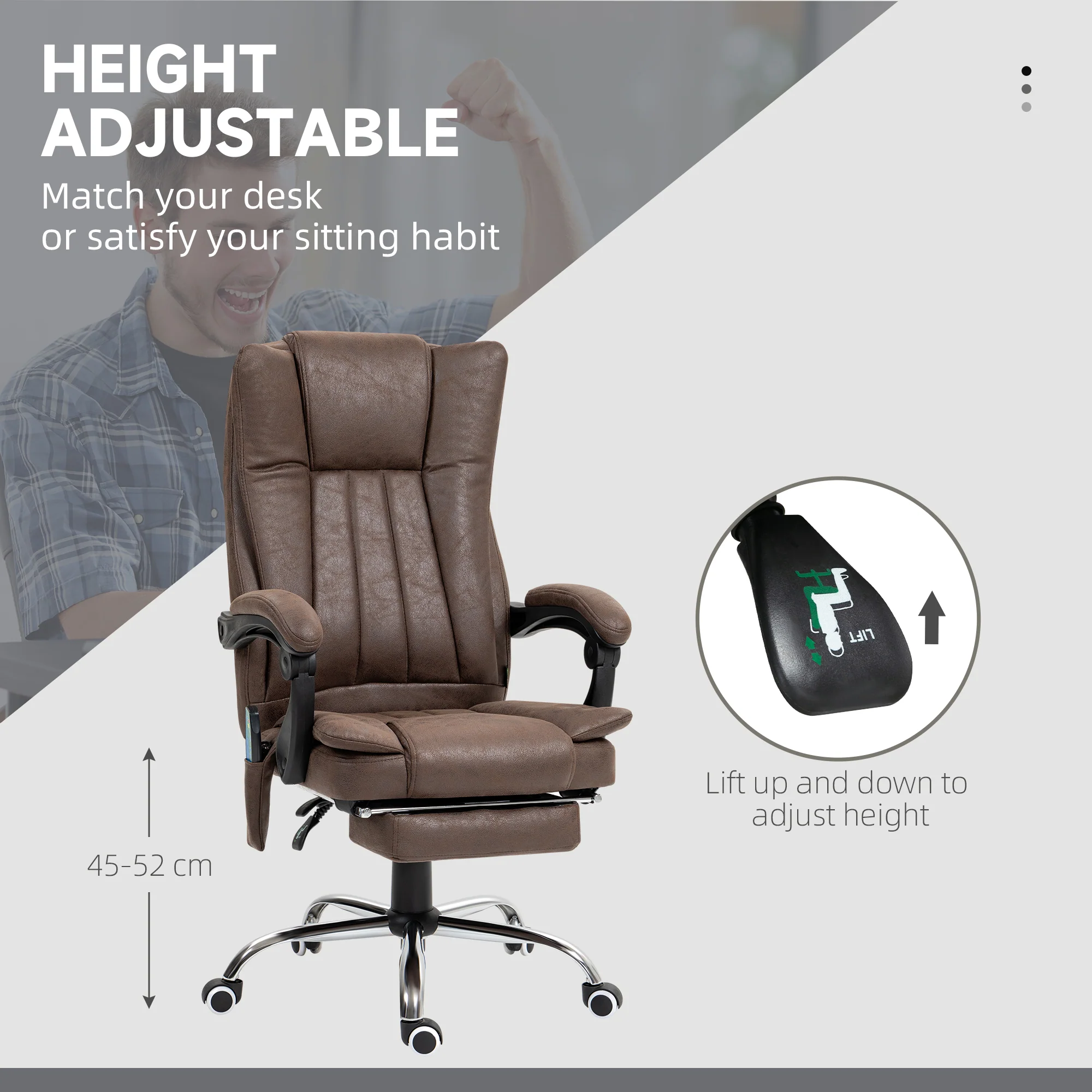 Vinsetto 6-Point Vibrating Heat Massage Chair W/ Microfibre Upholstery - Dark Brown/Light Brown/Charcoal Grey/Cream - Image 4