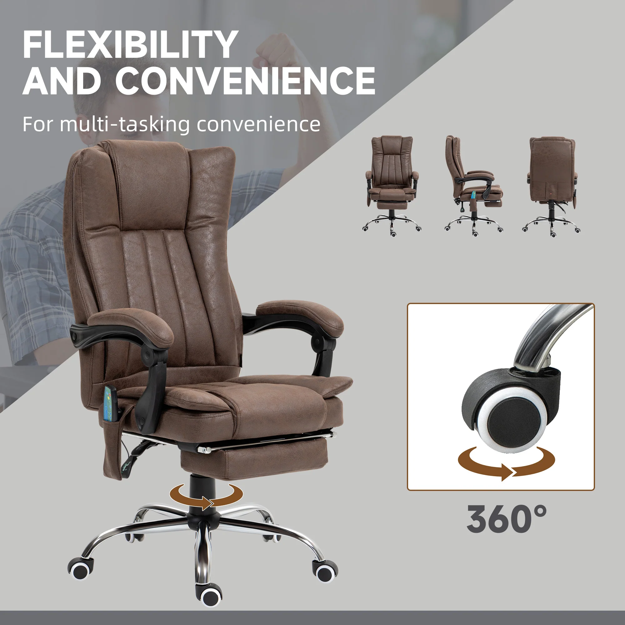 Vinsetto 6-Point Vibrating Heat Massage Chair W/ Microfibre Upholstery - Dark Brown/Light Brown/Charcoal Grey/Cream - Image 6