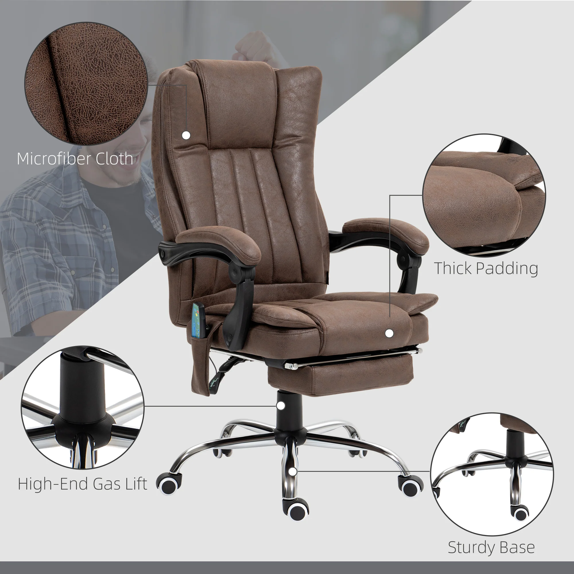 Vinsetto 6-Point Vibrating Heat Massage Chair W/ Microfibre Upholstery - Dark Brown/Light Brown/Charcoal Grey/Cream - Image 7