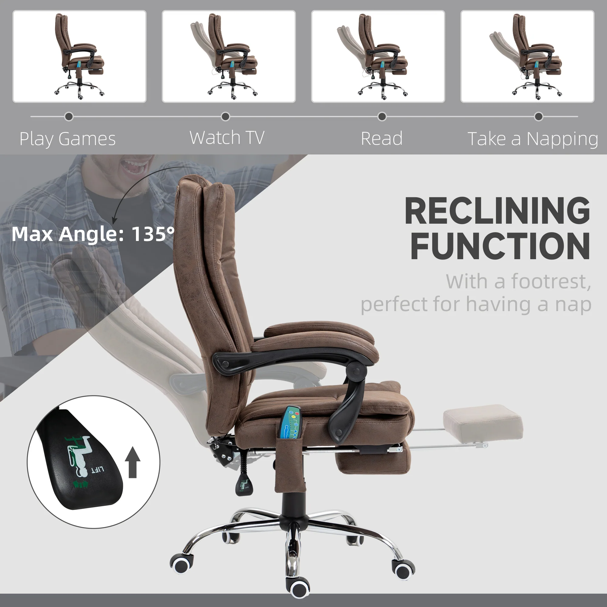 Vinsetto 6-Point Vibrating Heat Massage Chair W/ Microfibre Upholstery - Dark Brown/Light Brown/Charcoal Grey/Cream - Image 9