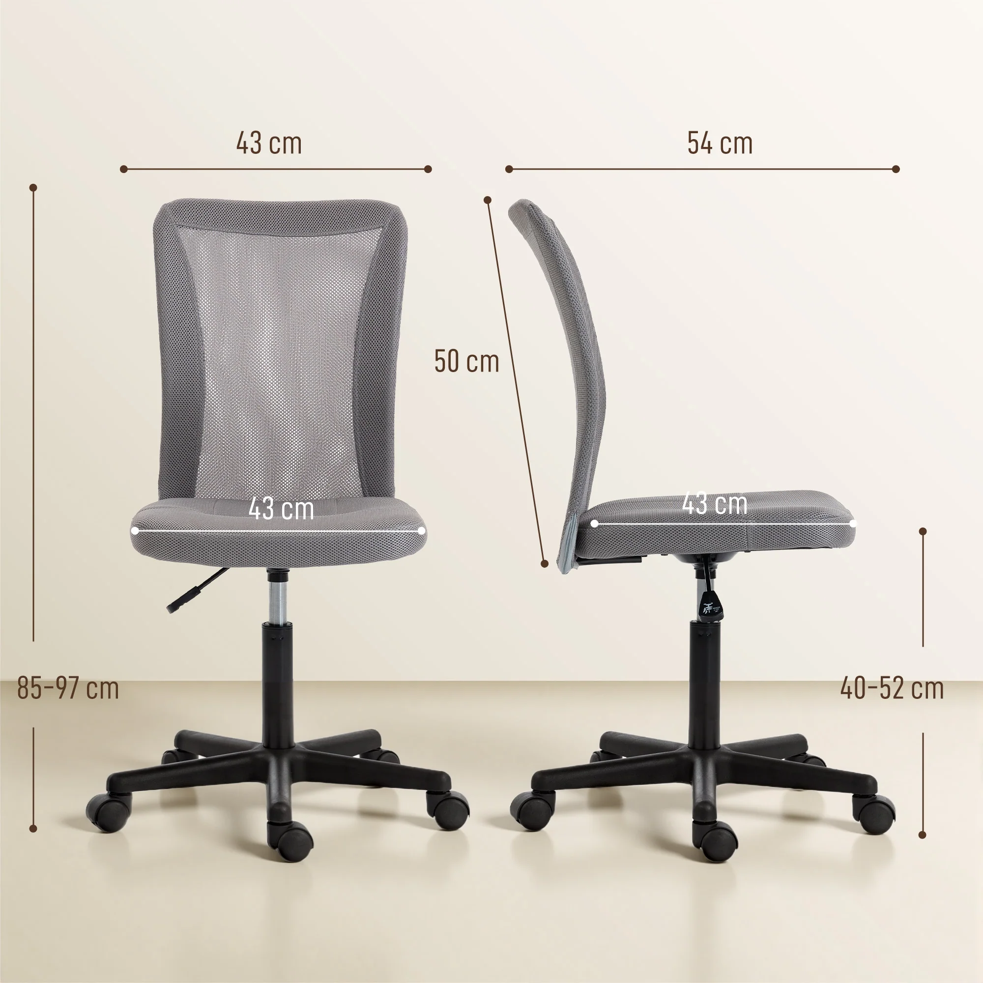 Vinsetto Armless Office Chair, Swivel Desk Chair W/ Adjustable Height Grey - Image 3