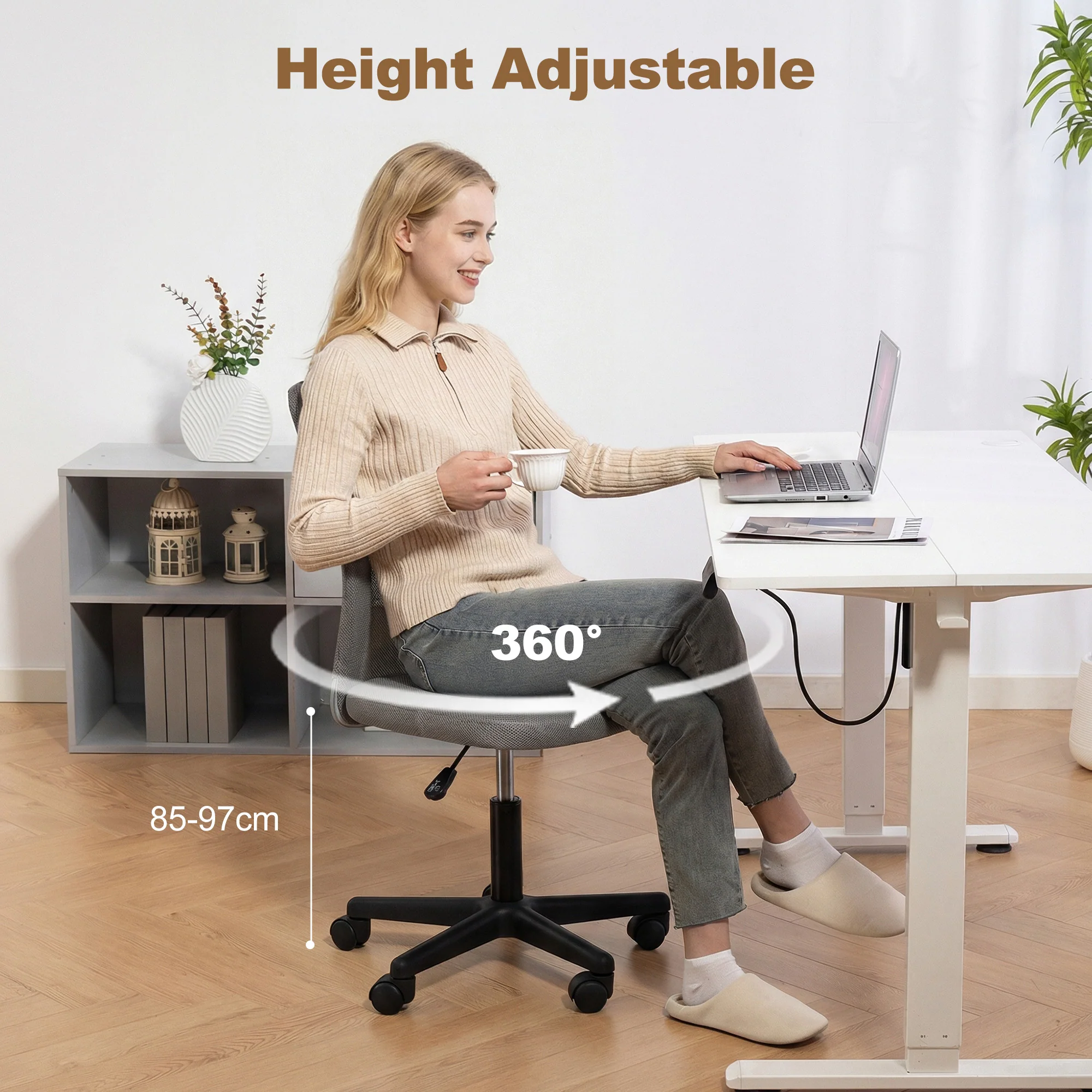 Vinsetto Armless Office Chair, Swivel Desk Chair W/ Adjustable Height Grey - Image 5