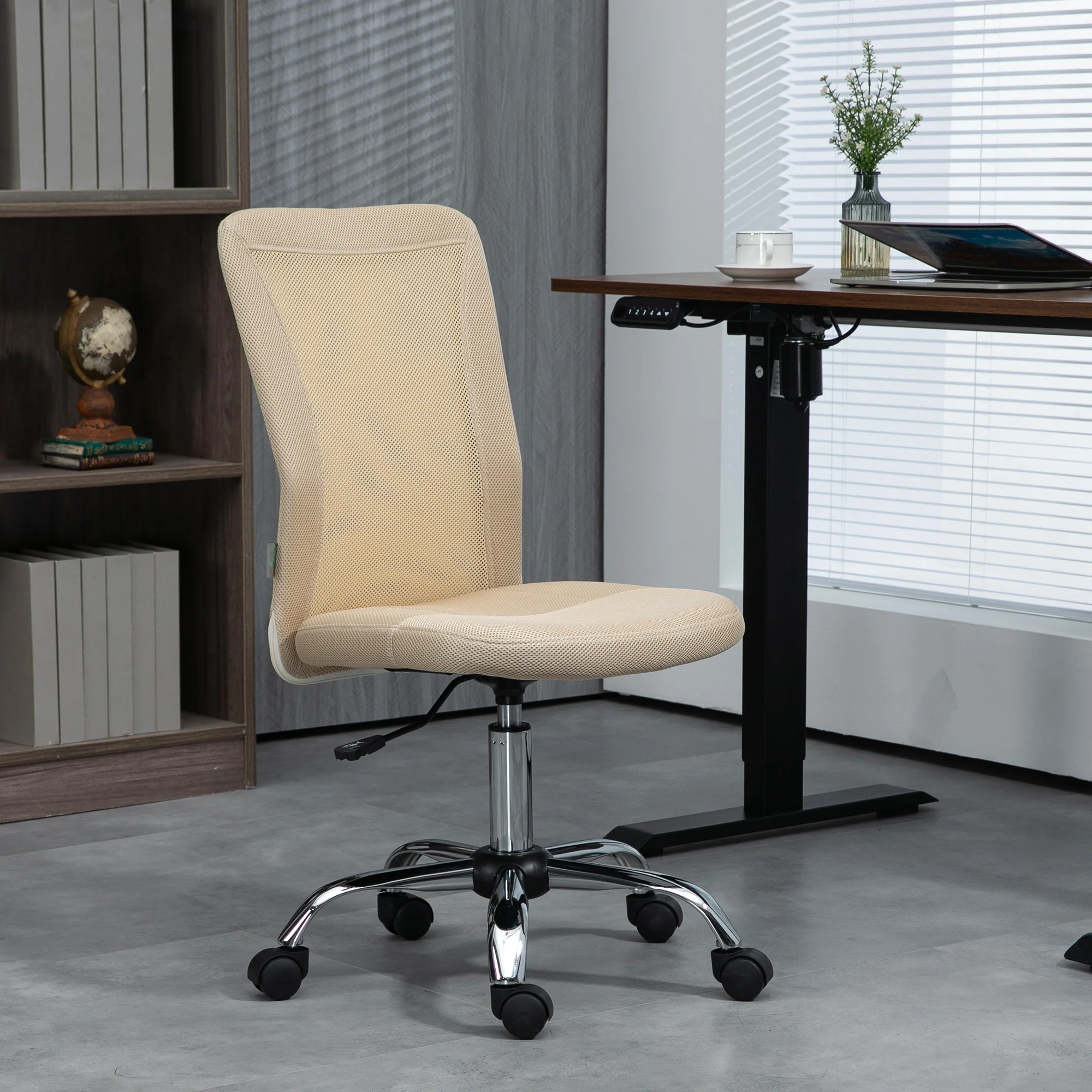 Vinsetto Armless Office Chair with Adjustable Height Mesh Back Wheels Beige - Image 2
