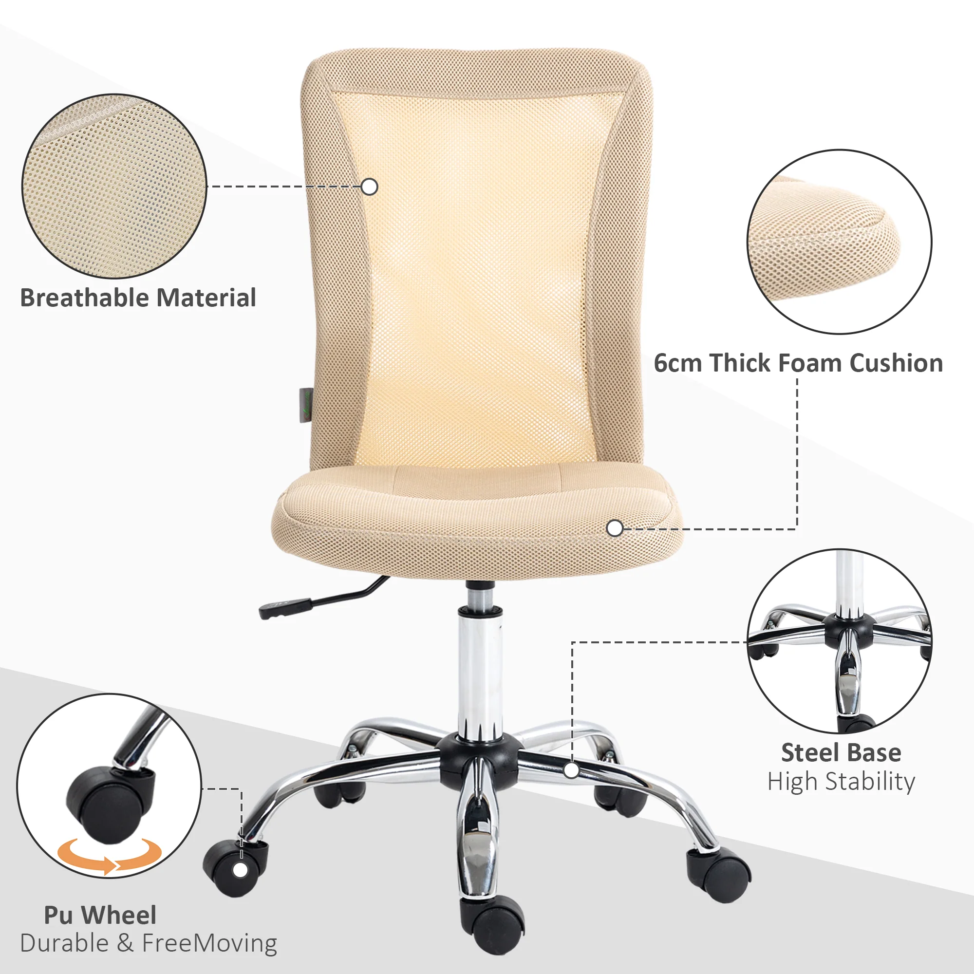Vinsetto Armless Office Chair with Adjustable Height Mesh Back Wheels Beige - Image 3