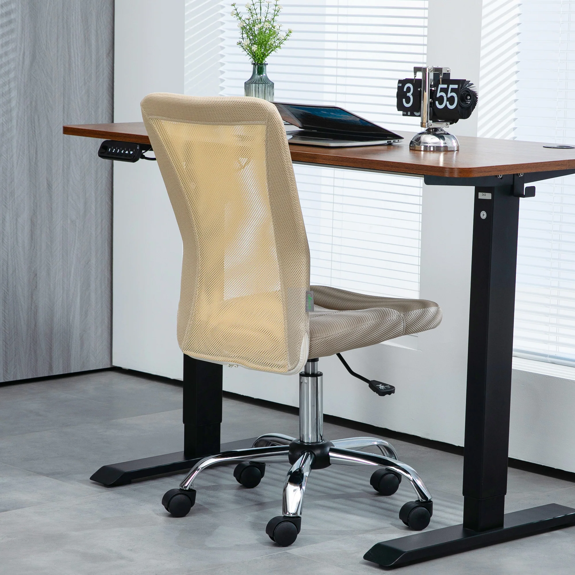 Vinsetto Armless Office Chair with Adjustable Height Mesh Back Wheels Beige - Image 8