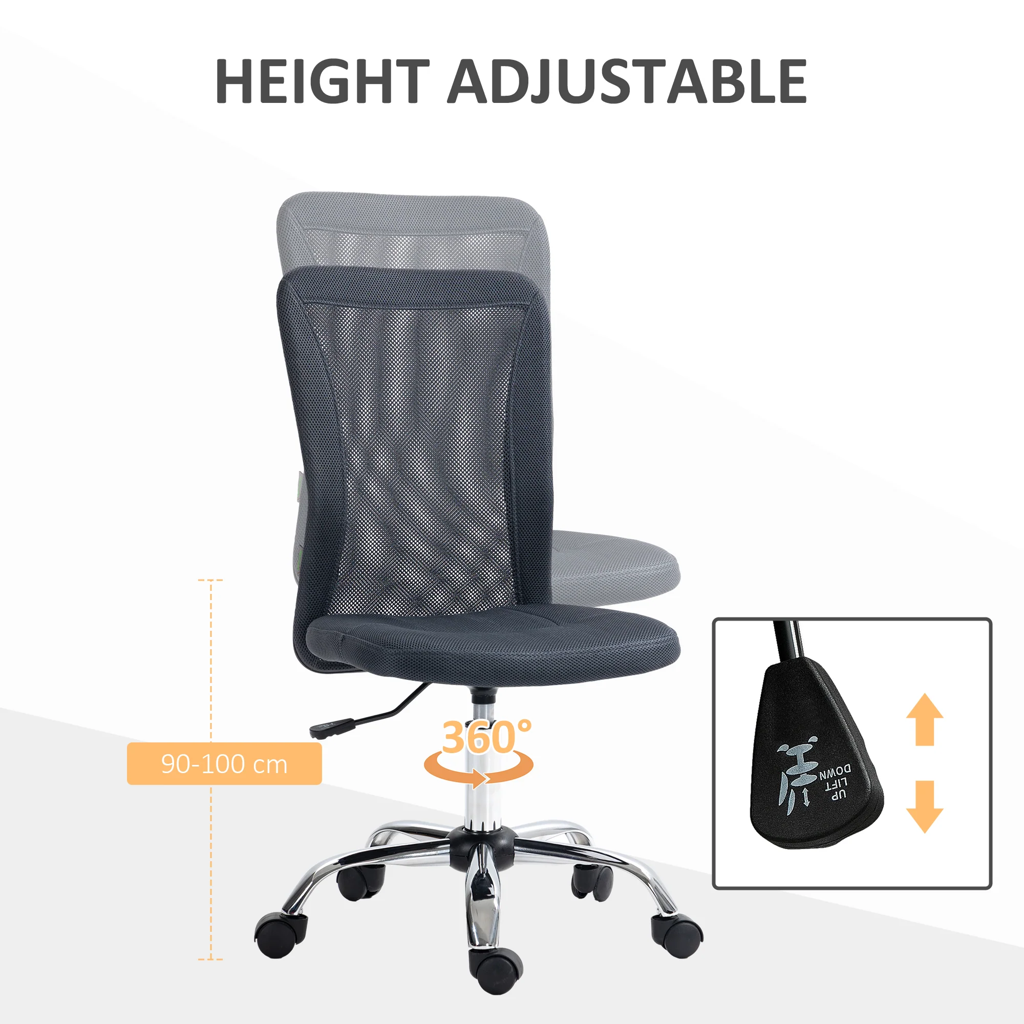 Vinsetto Armless Office Chair with Adjustable Height Mesh Back Wheels Dark Grey - Image 3