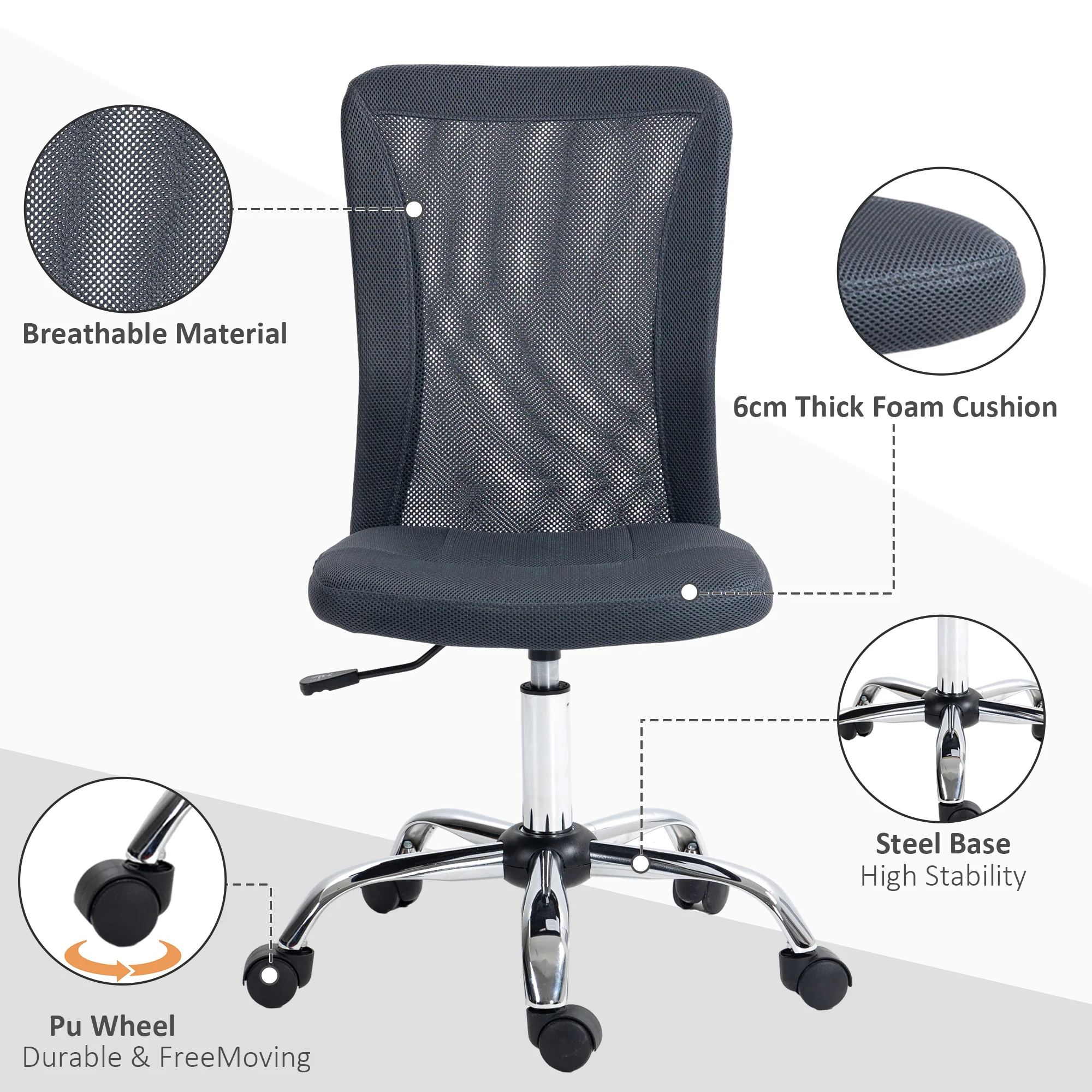 Vinsetto Armless Office Chair with Adjustable Height Mesh Back Wheels Dark Grey - Image 4