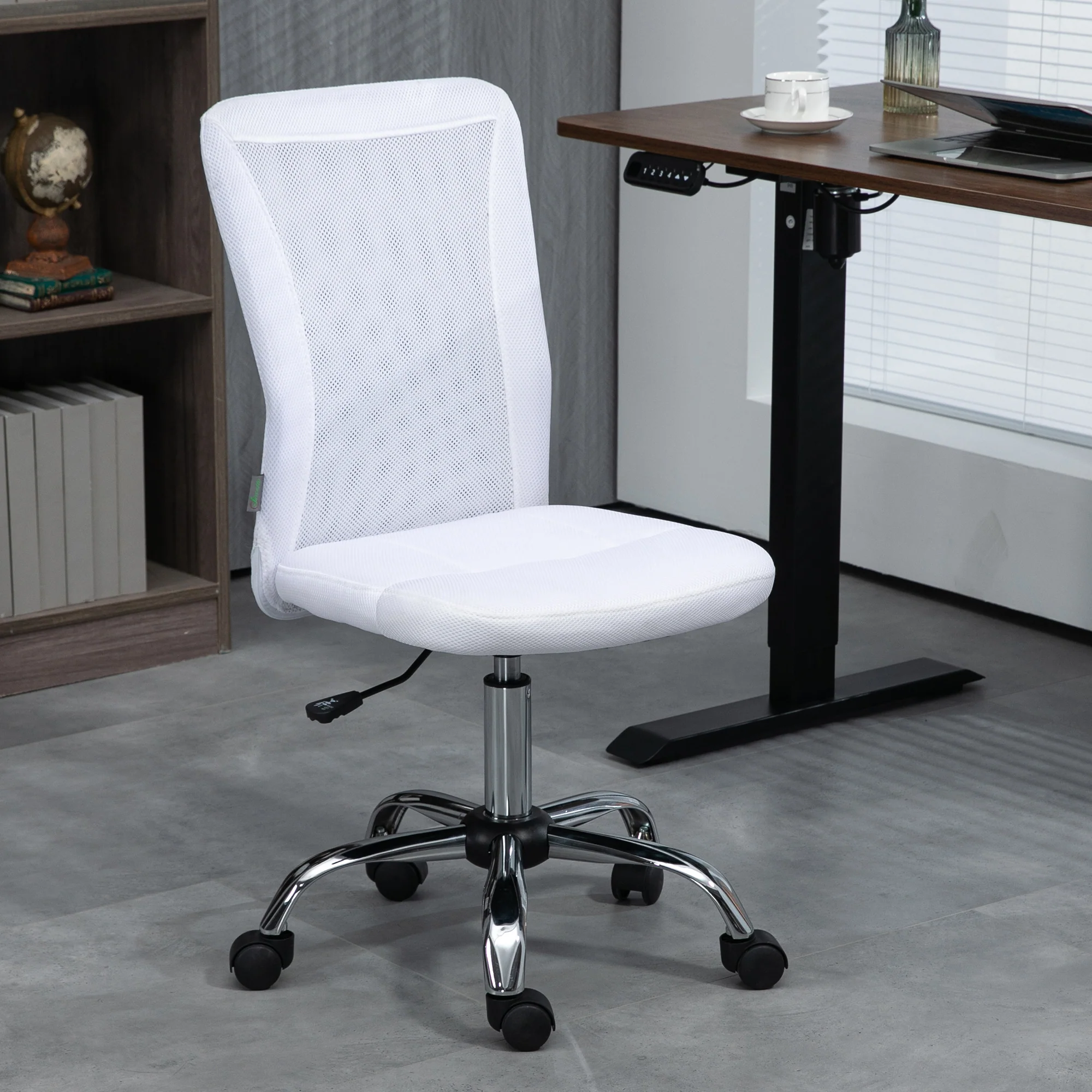 Vinsetto Armless Office Chair with Adjustable Height Mesh Back Wheels White - Image 2