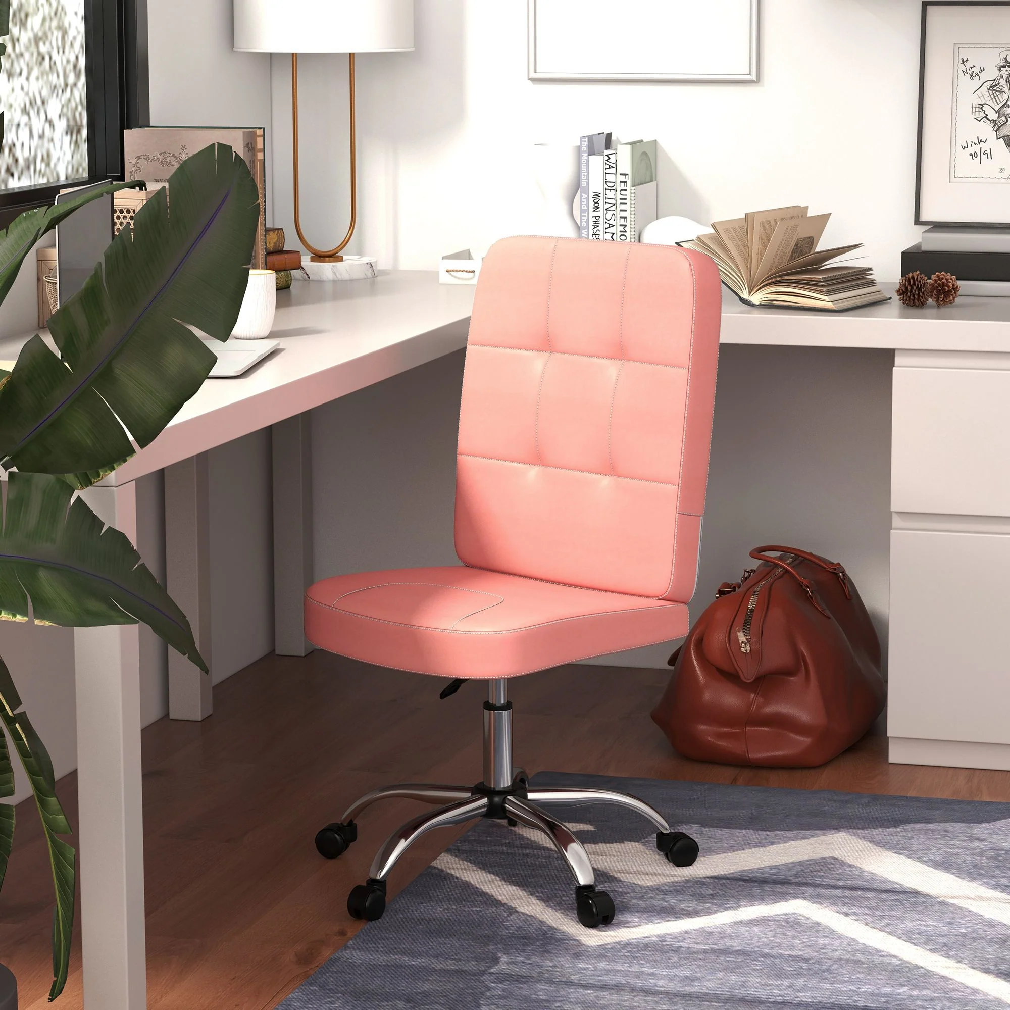 Vinsetto Curved Back Home Office Chair With Adjustable Height - White/Pink - Image 11