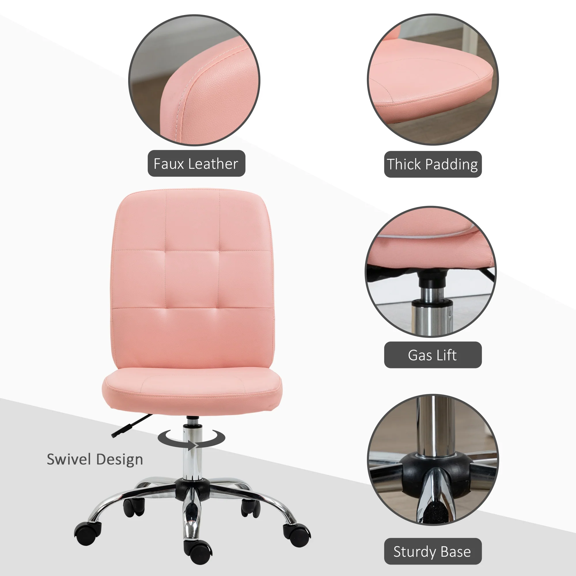 Vinsetto Curved Back Home Office Chair With Adjustable Height - White/Pink - Image 13
