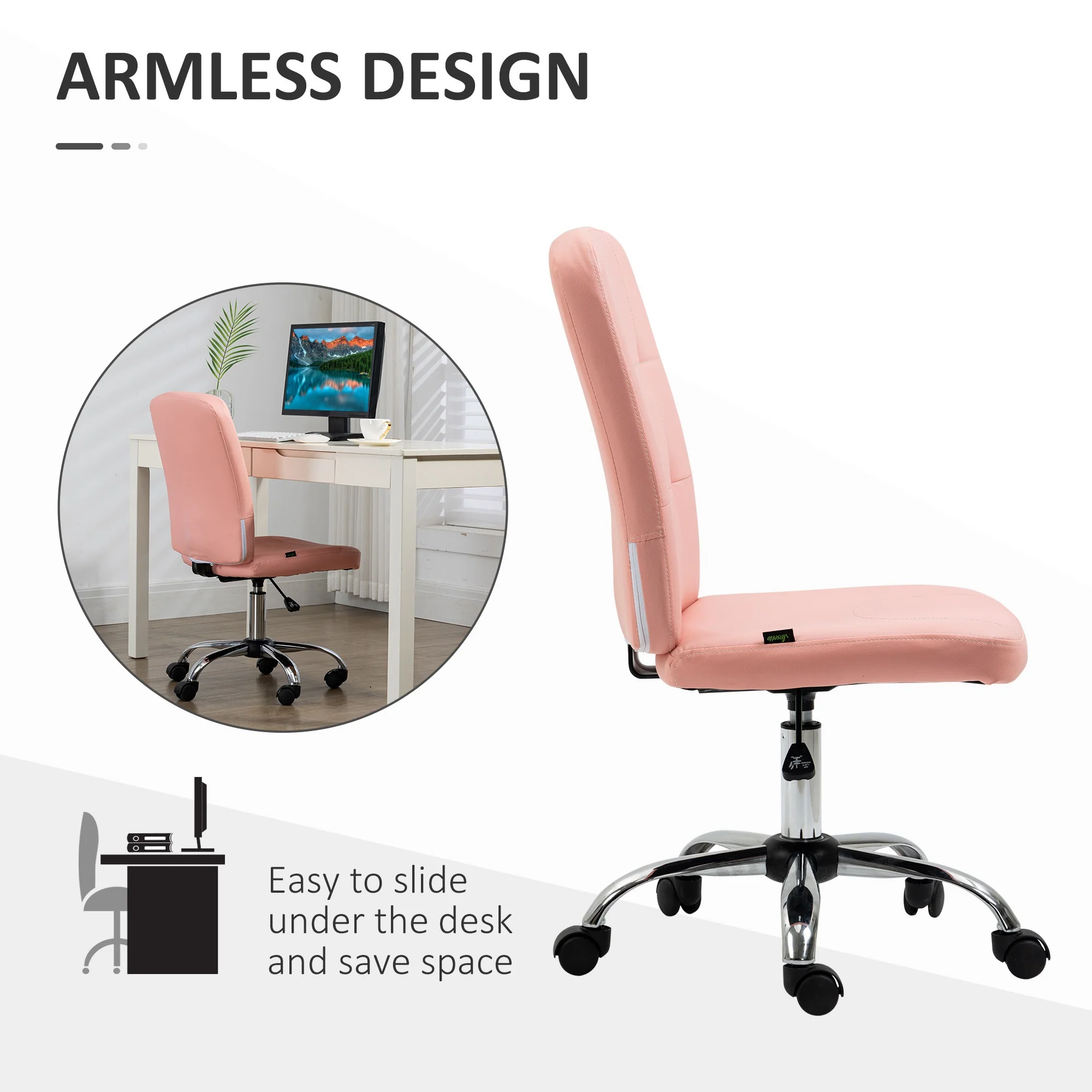 Vinsetto Curved Back Home Office Chair With Adjustable Height - White/Pink - Image 15