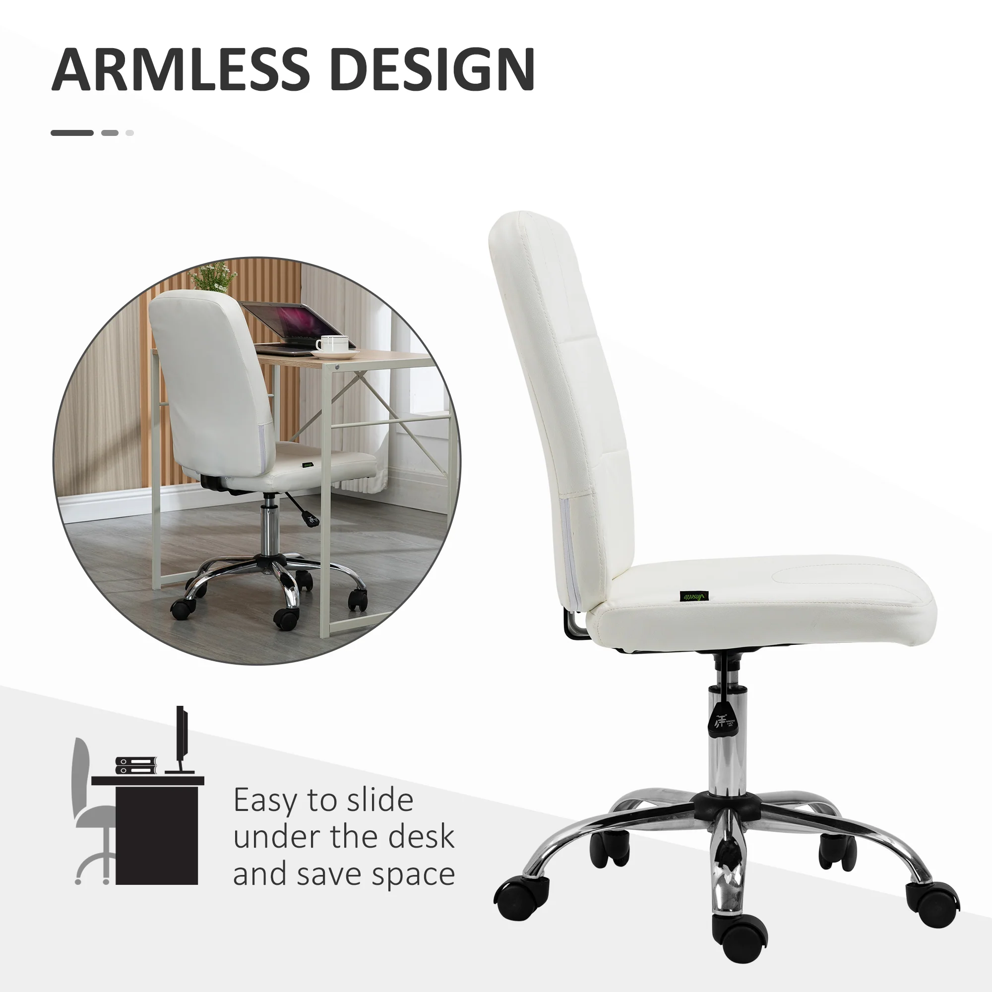 Vinsetto Curved Back Home Office Chair With Adjustable Height - White/Pink - Image 6
