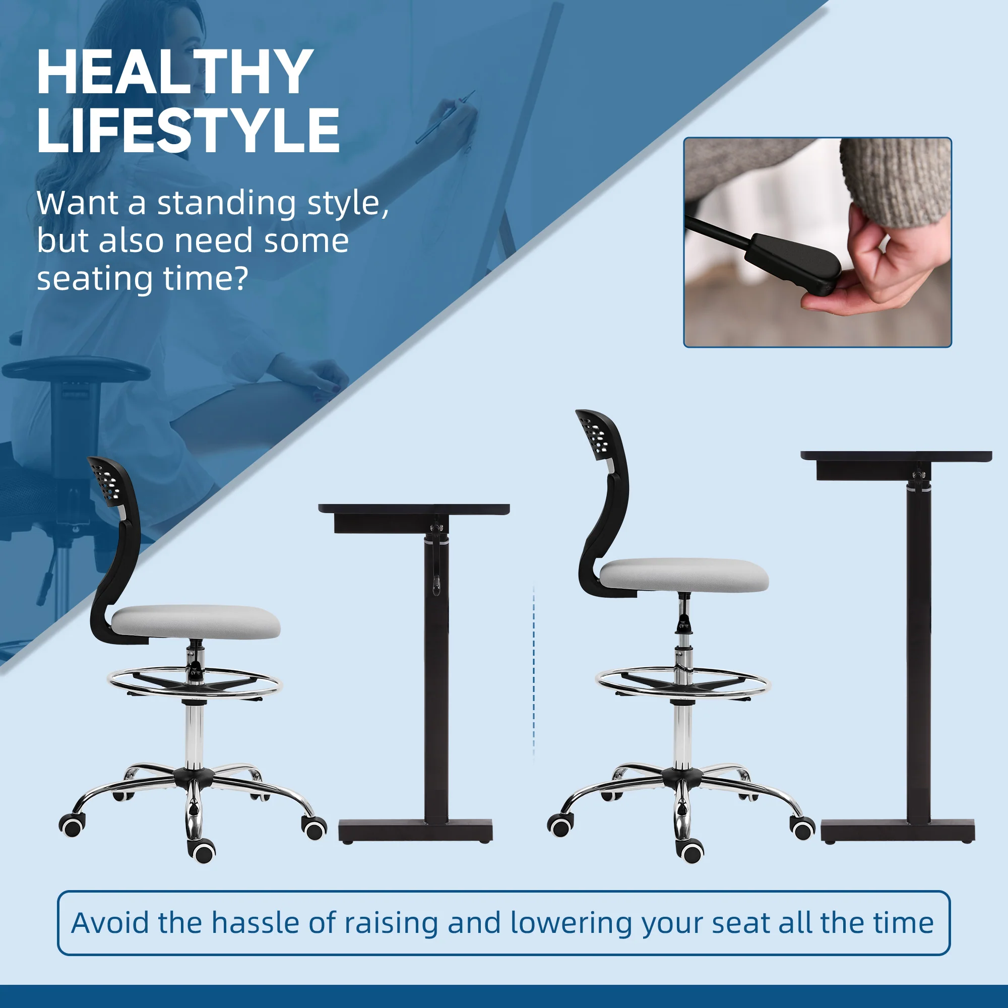 Vinsetto Draughtsman Chair, Office Chair with Wheels, Light Grey - Image 3