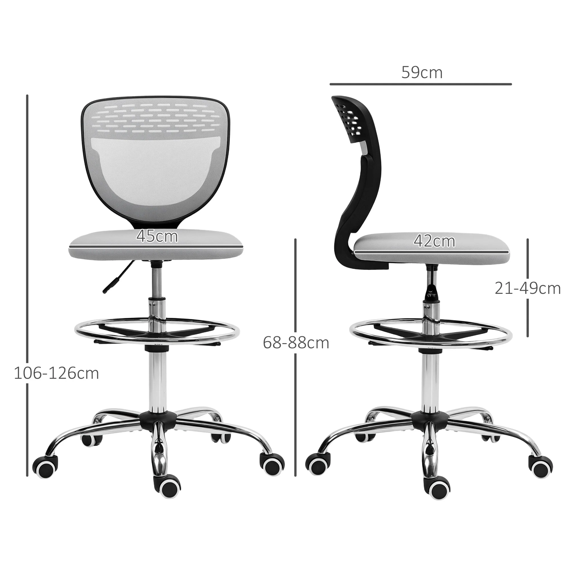 Vinsetto Draughtsman Chair, Office Chair with Wheels, Light Grey - Image 5