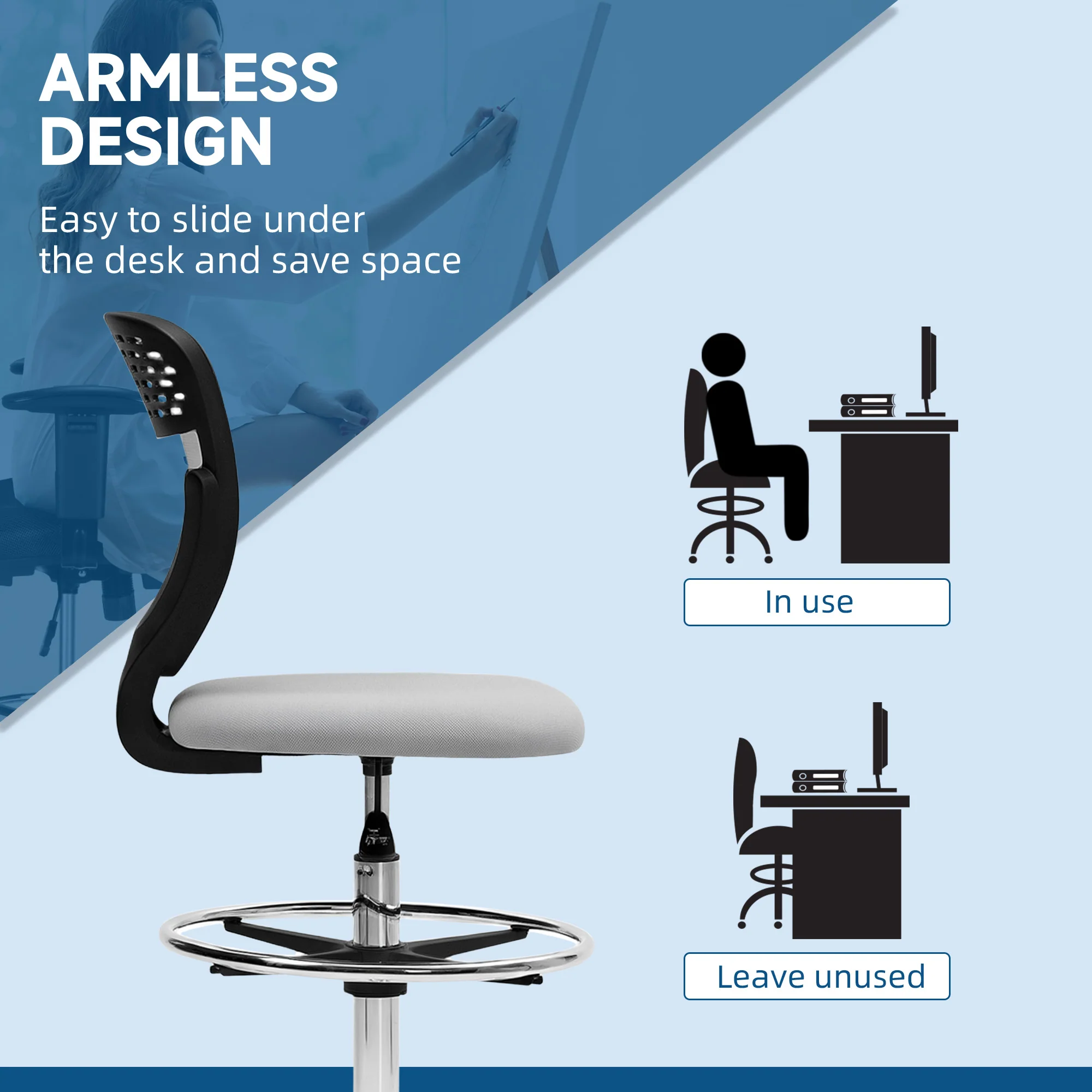 Vinsetto Draughtsman Chair, Office Chair with Wheels, Light Grey - Image 7