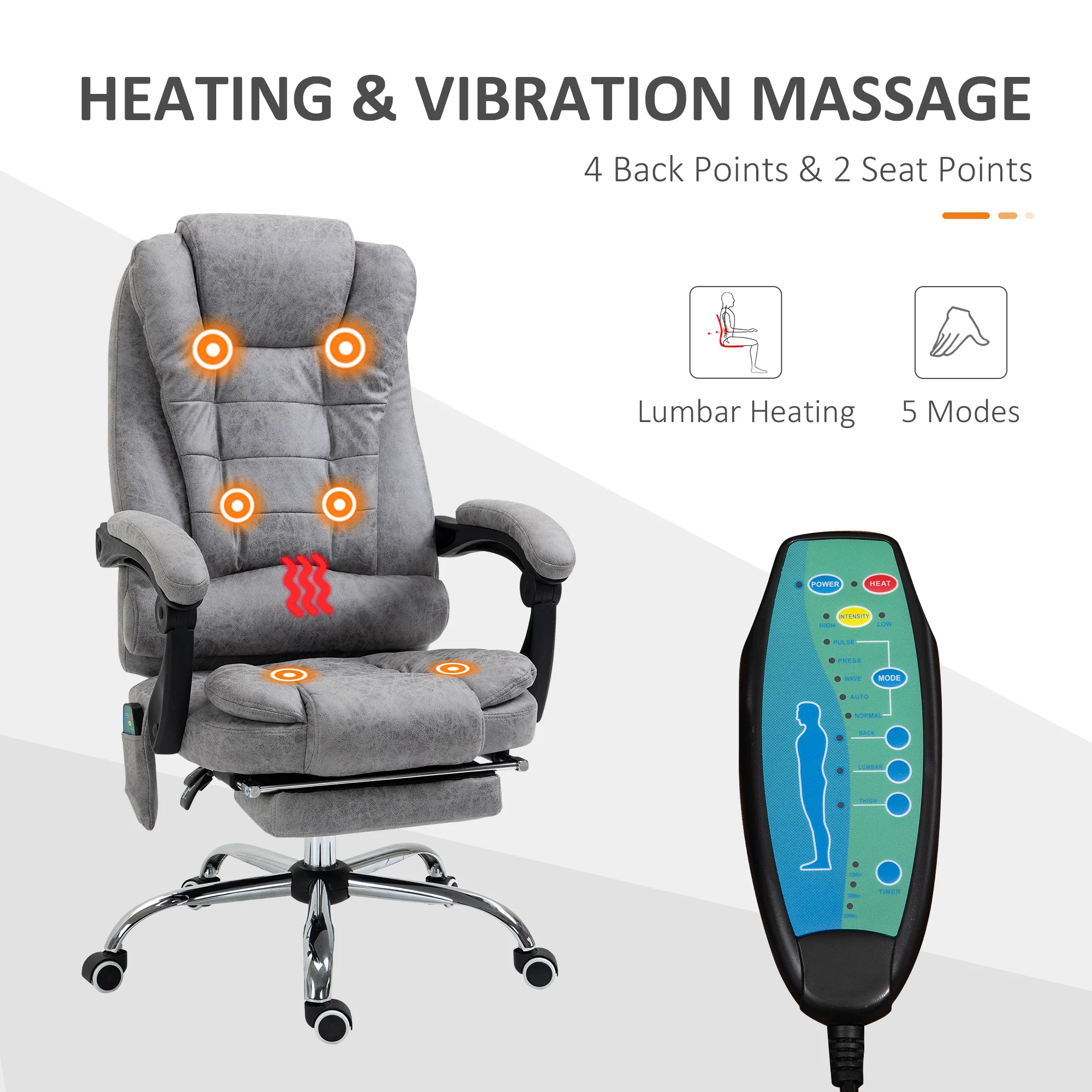 Vinsetto Ergonomic Heated 6 Points Vibration Massage Office Chair Grey - Image 3