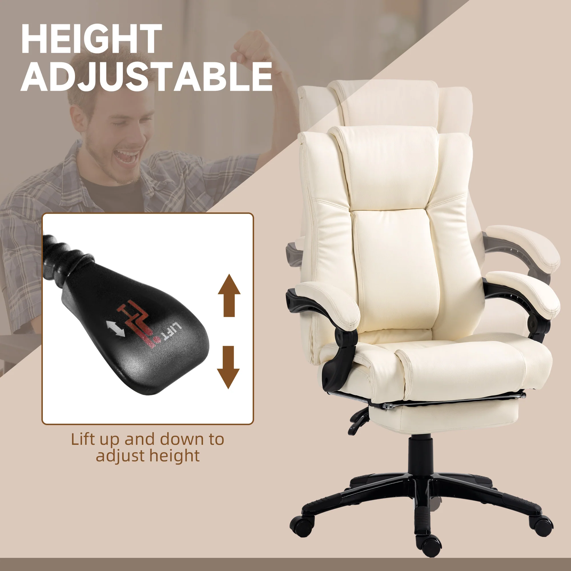 Vinsetto Executive Home Office Chair High Back Recliner, With Foot Rest, Cream - Image 3