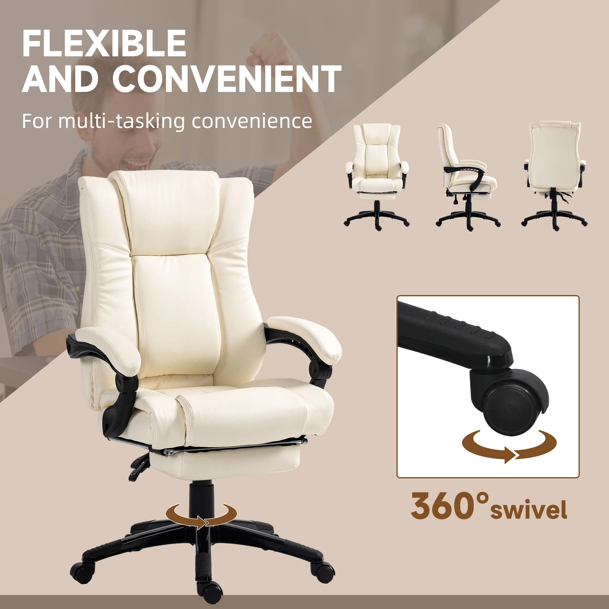 Vinsetto Executive Home Office Chair High Back Recliner, With Foot Rest, Cream - Image 6