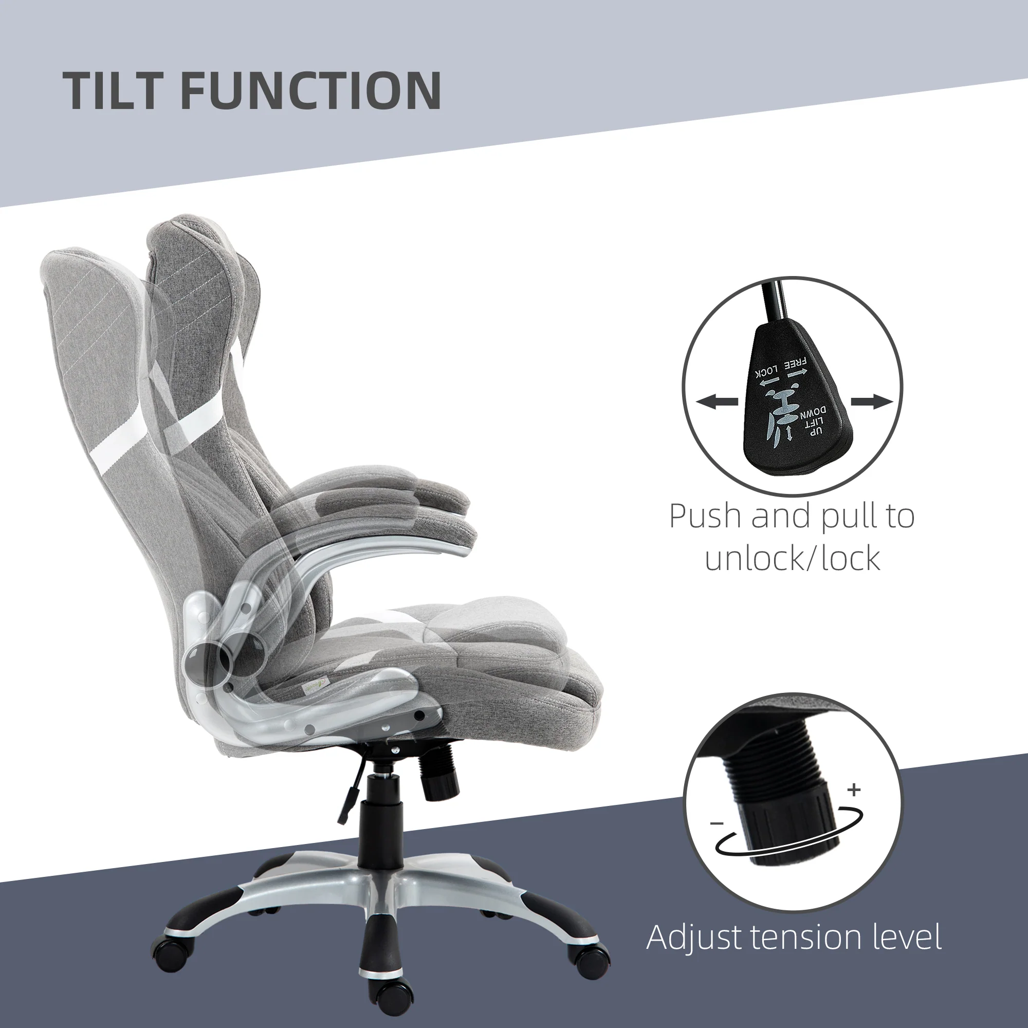 Vinsetto Fabric Office Desk Chair With Adjustable Height Tilt Function Grey - Image 4