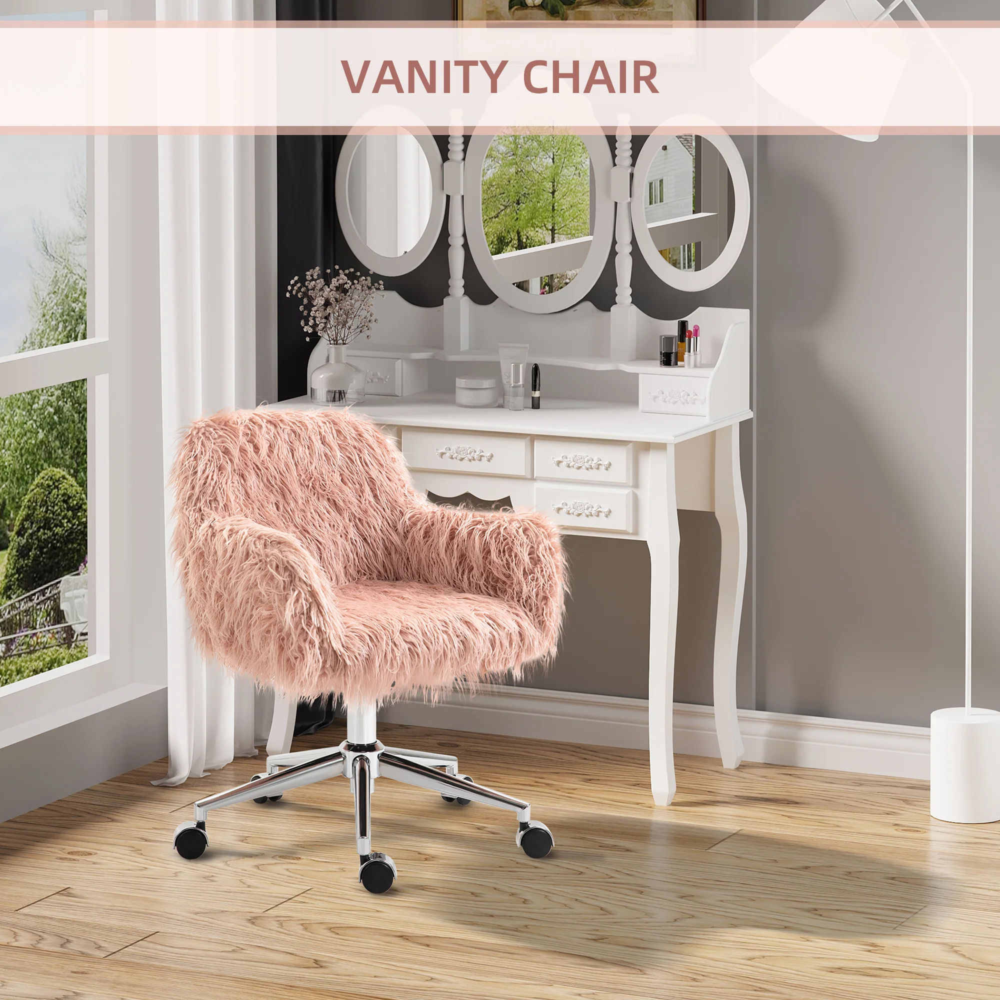 Vinsetto Faux Fur Home Office Chair, Vanity Chair W/ Adjustable Height, Pink - Image 6