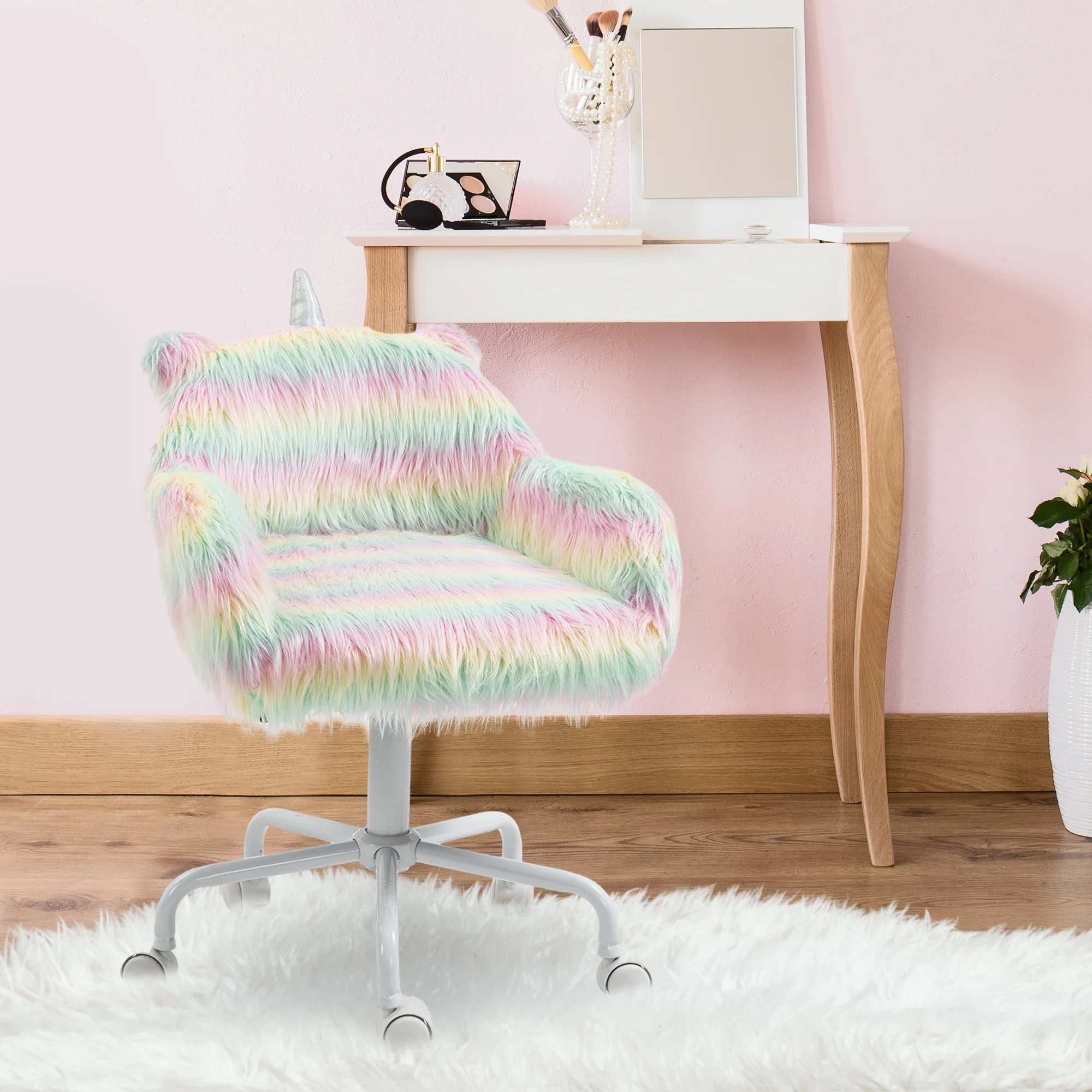 Vinsetto Faux Fur Unicorn Desk Chair Fluffy Home Office Chair with Armrests - Image 2