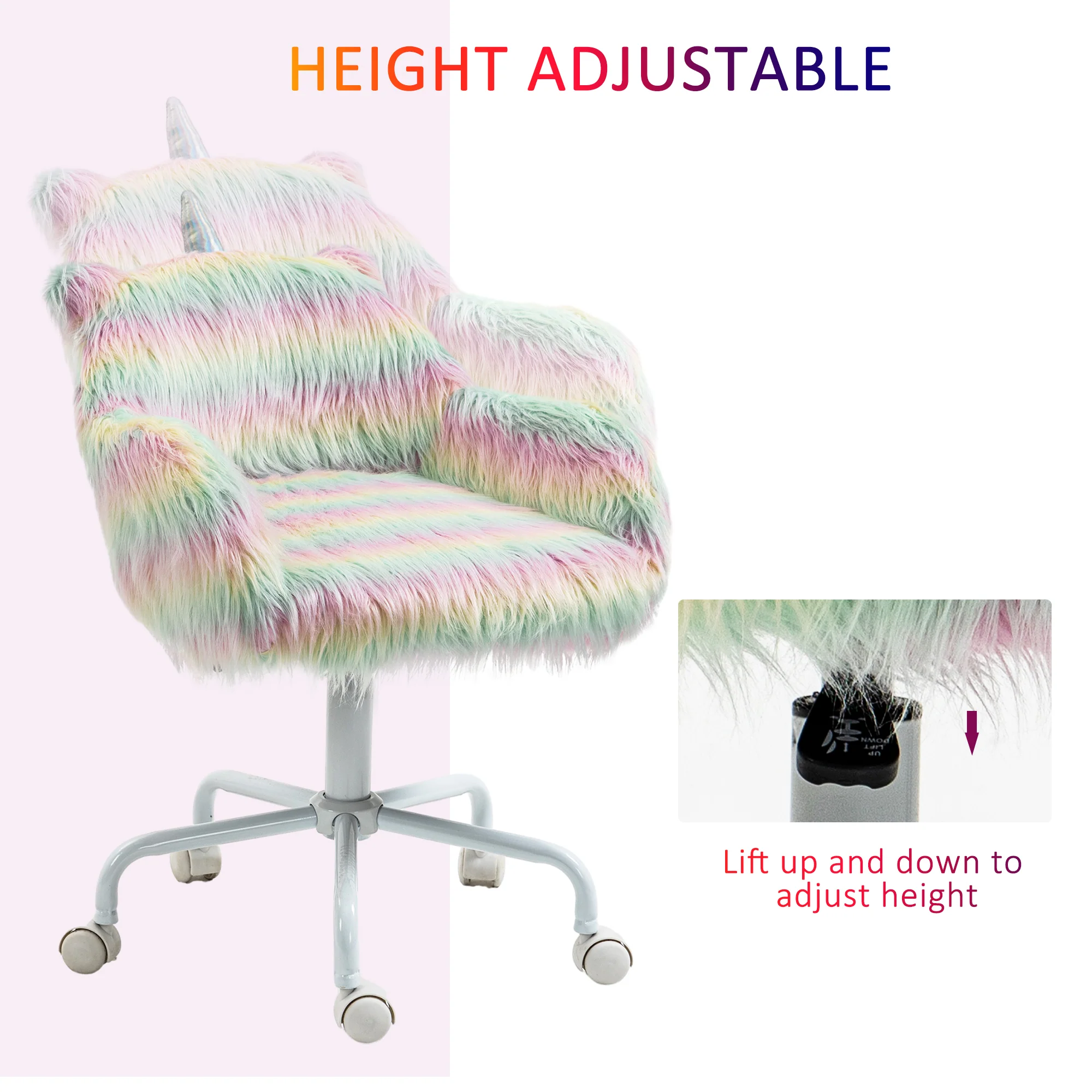 Vinsetto Faux Fur Unicorn Desk Chair Fluffy Home Office Chair with Armrests - Image 3