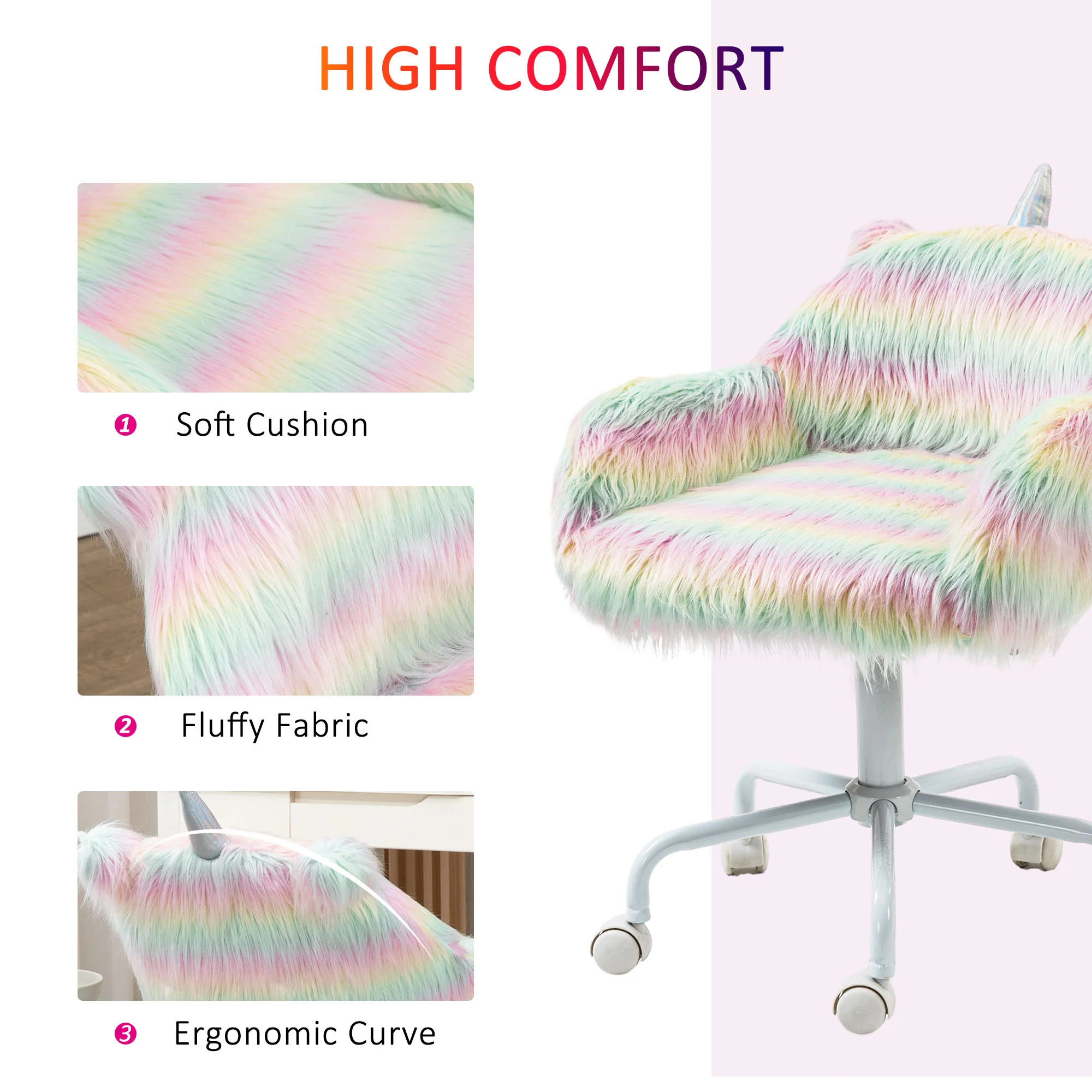 Vinsetto Faux Fur Unicorn Desk Chair Fluffy Home Office Chair with Armrests - Image 4
