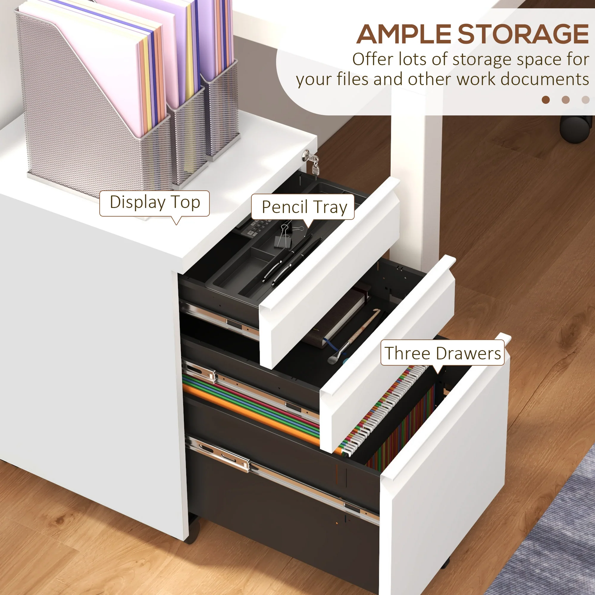 Vinsetto Filing Cabinet With Lock And Hanging Bar For Letter A4 Legal, White - Image 3