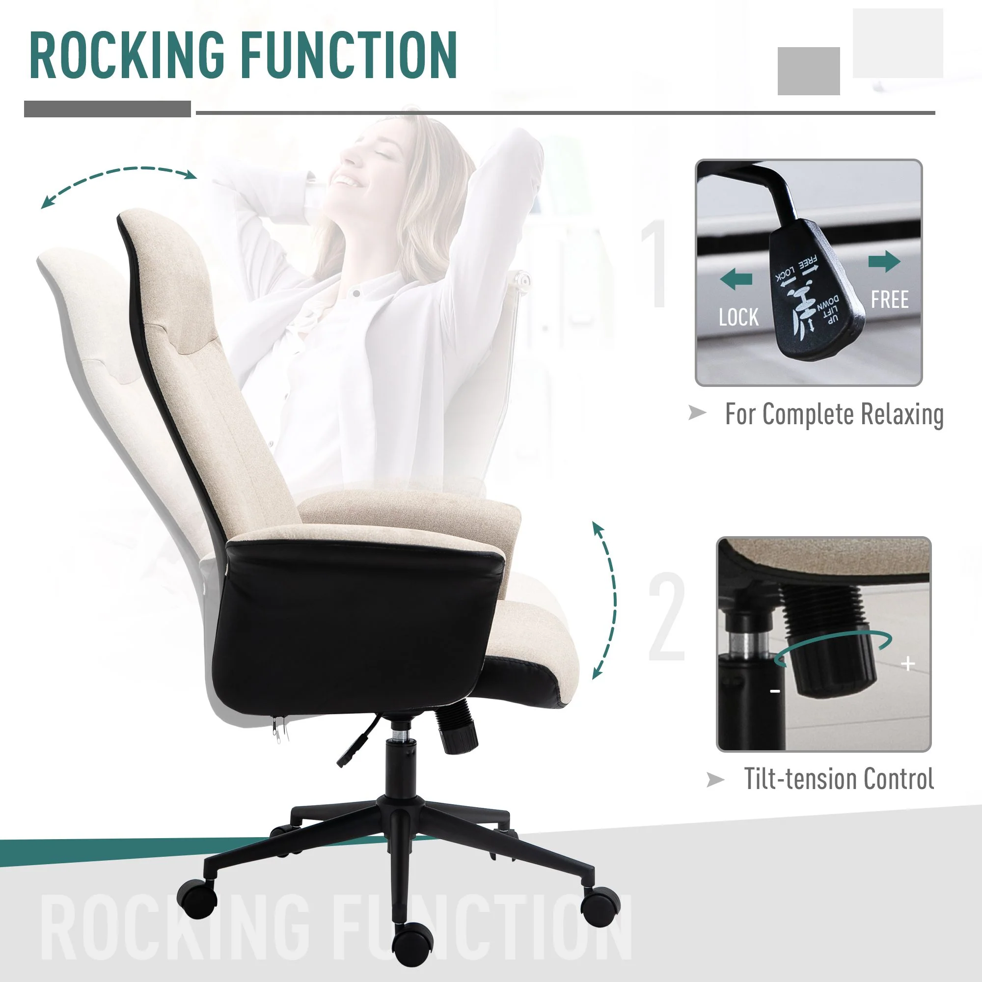 Vinsetto High-Back Office Chair Computer Desk Chair With Tilt Function Beige - Image 7