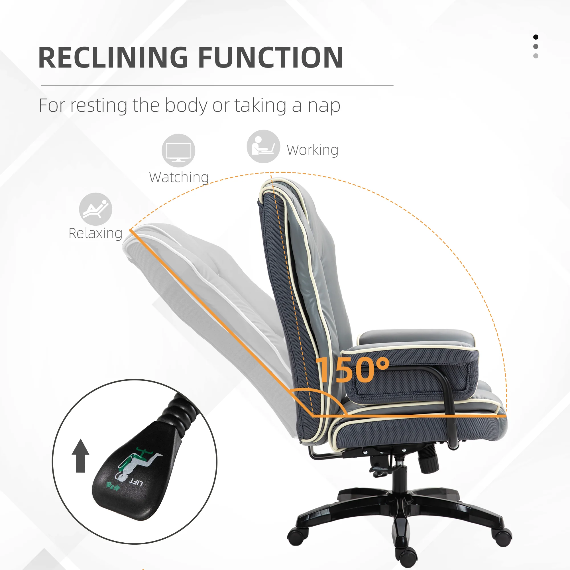 Vinsetto High Back Office Chair With Height Adjustable, Reclining, Grey - Image 4
