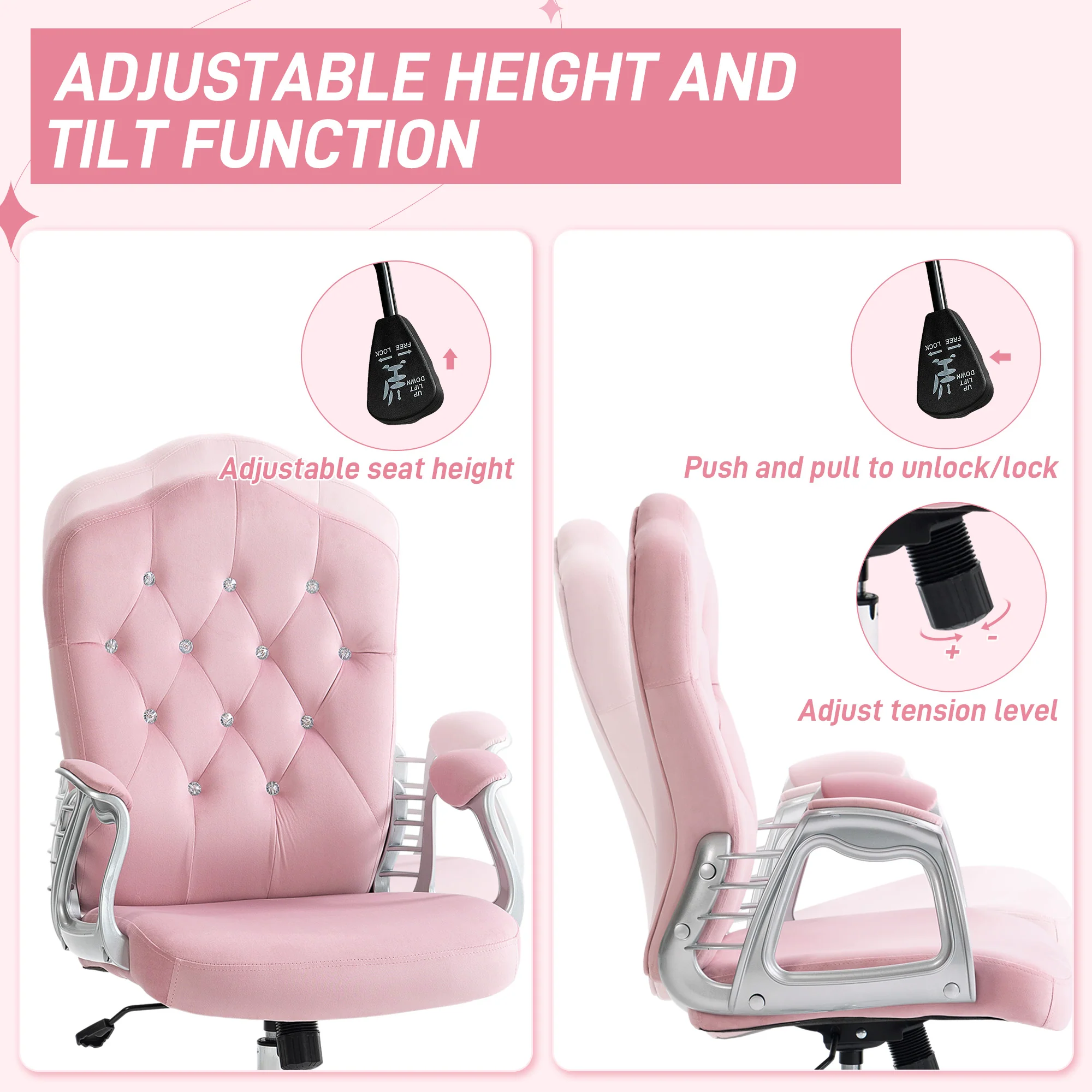 Vinsetto Home Office Chair With Adjustable Height Tilt Function Pink - Image 4