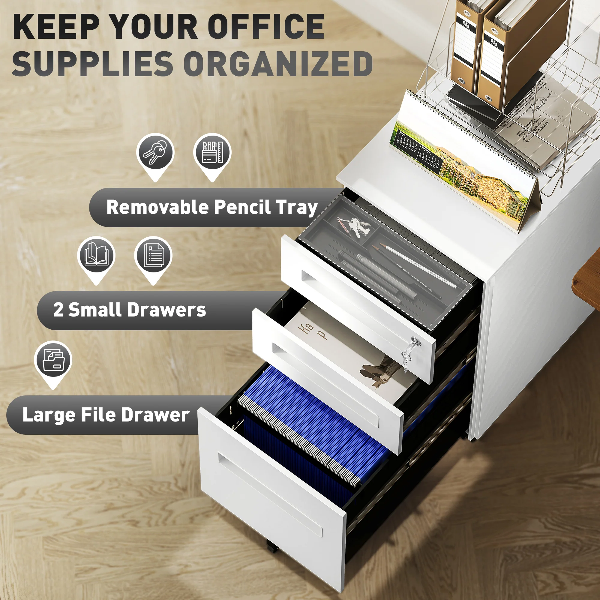 Vinsetto Lockable Mobile Filing Cabinet w/ 3 Drawers 30 x 43.5 x 60 cm - Image 12