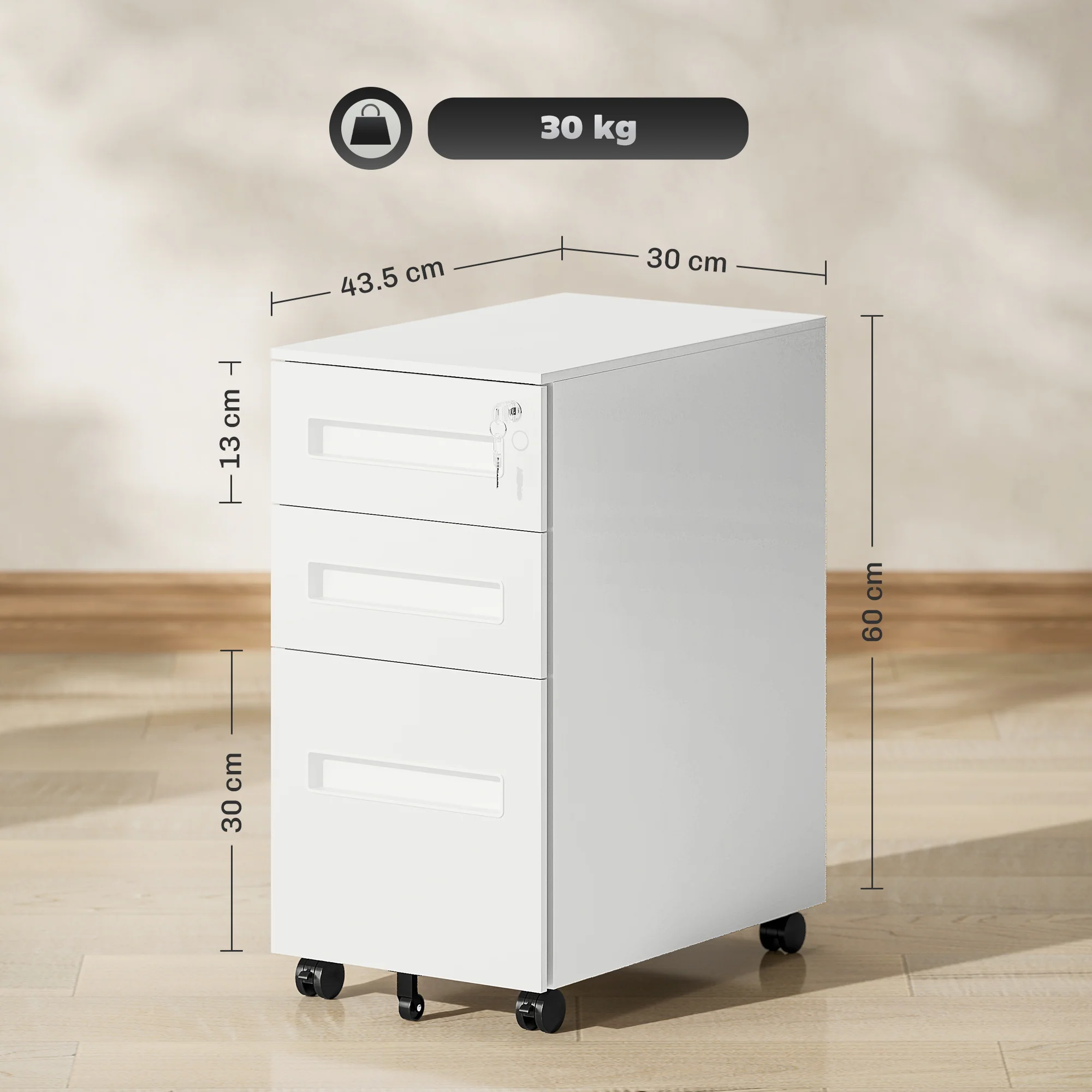 Vinsetto Lockable Mobile Filing Cabinet w/ 3 Drawers 30 x 43.5 x 60 cm - Image 14