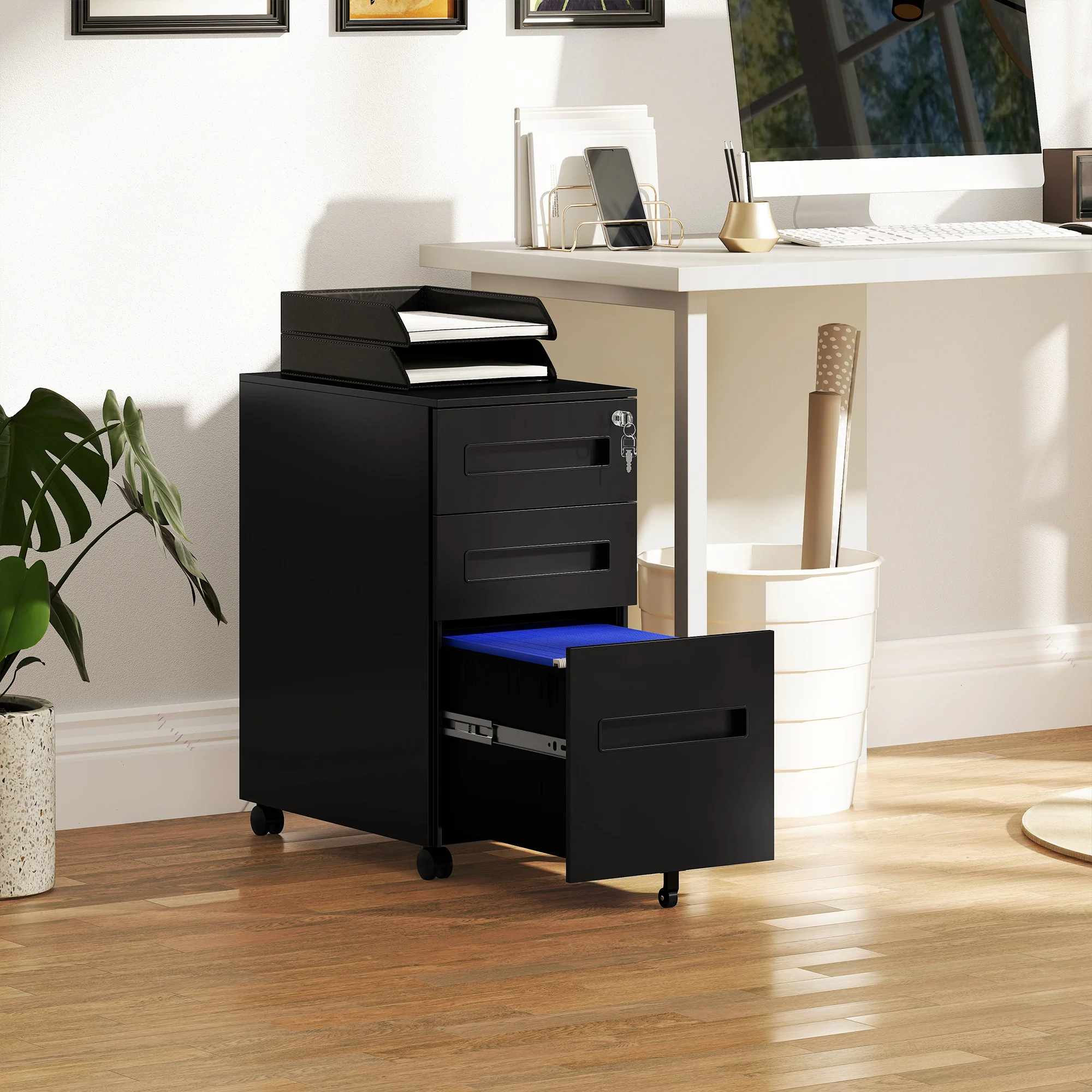 Vinsetto Lockable Mobile Filing Cabinet w/ 3 Drawers 30 x 43.5 x 60 cm - Image 2