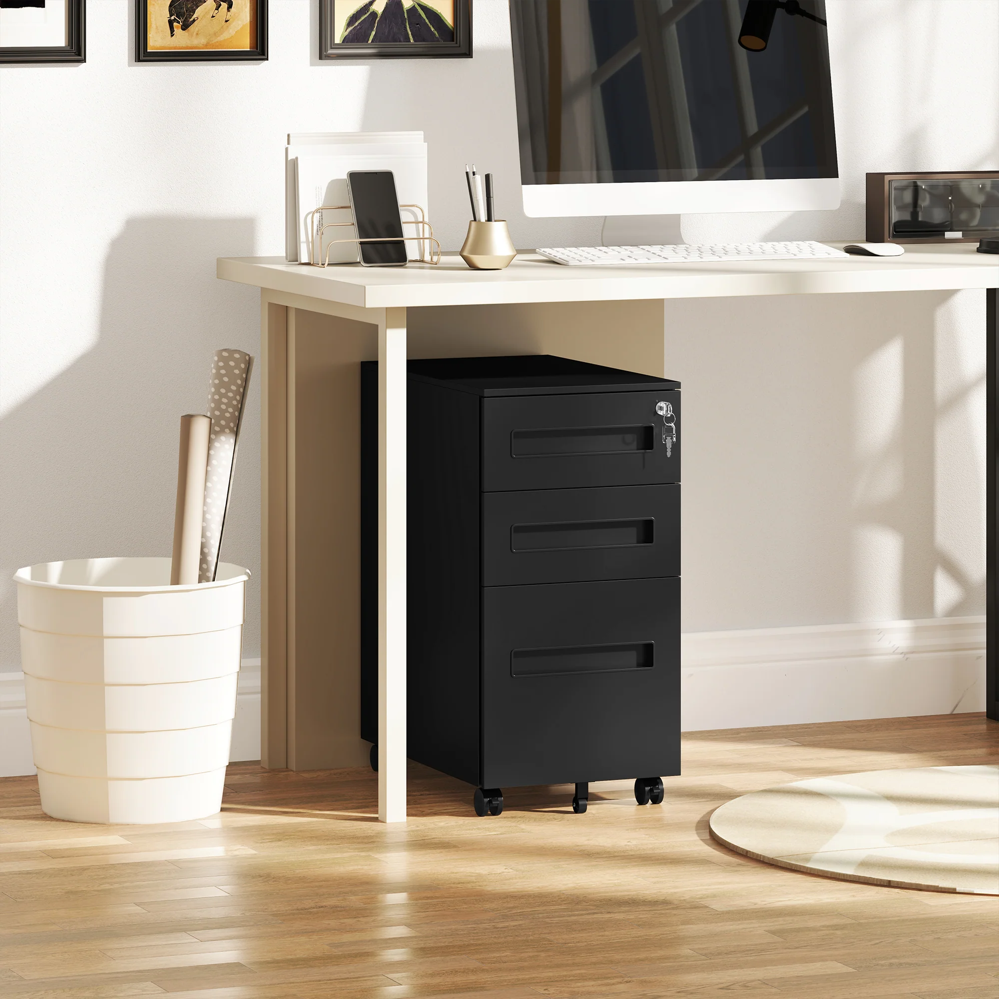 Vinsetto Lockable Mobile Filing Cabinet w/ 3 Drawers 30 x 43.5 x 60 cm - Image 9