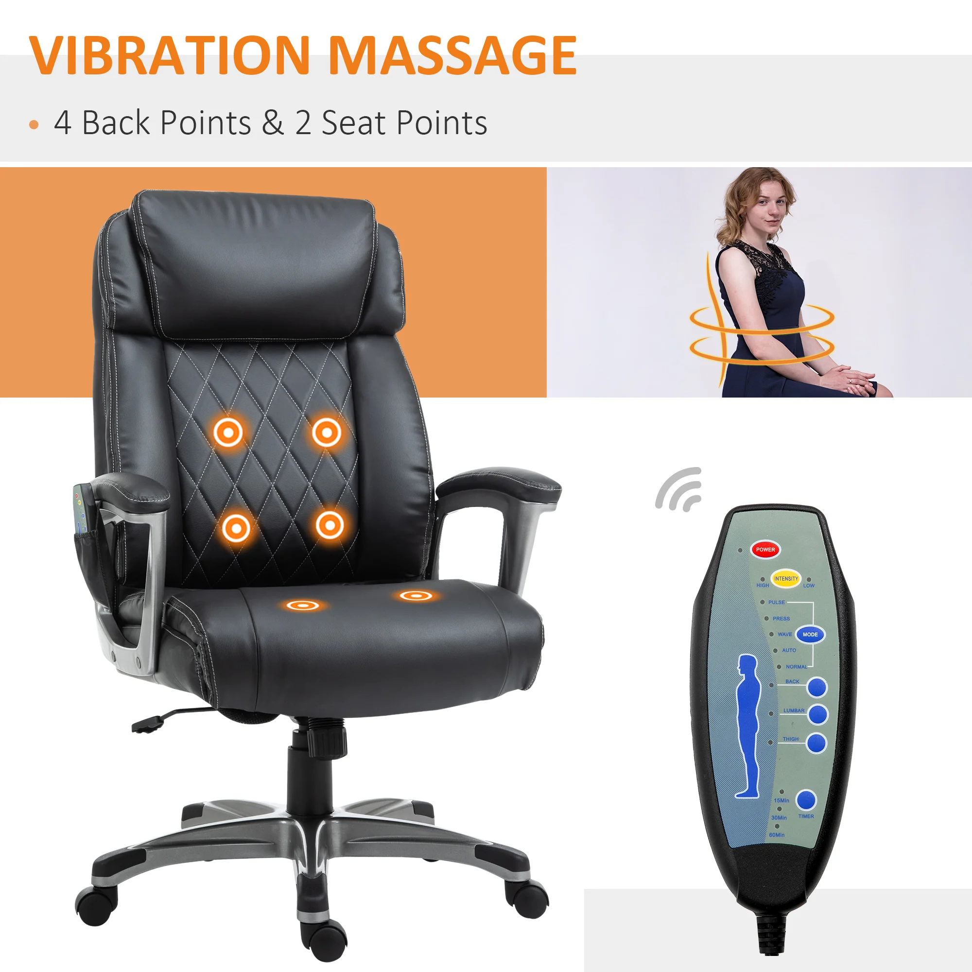 Vinsetto Massage Office Chair High Back with Armrest 6-Point Vibration Executive Chair with Adjustable Height Black - Image 4