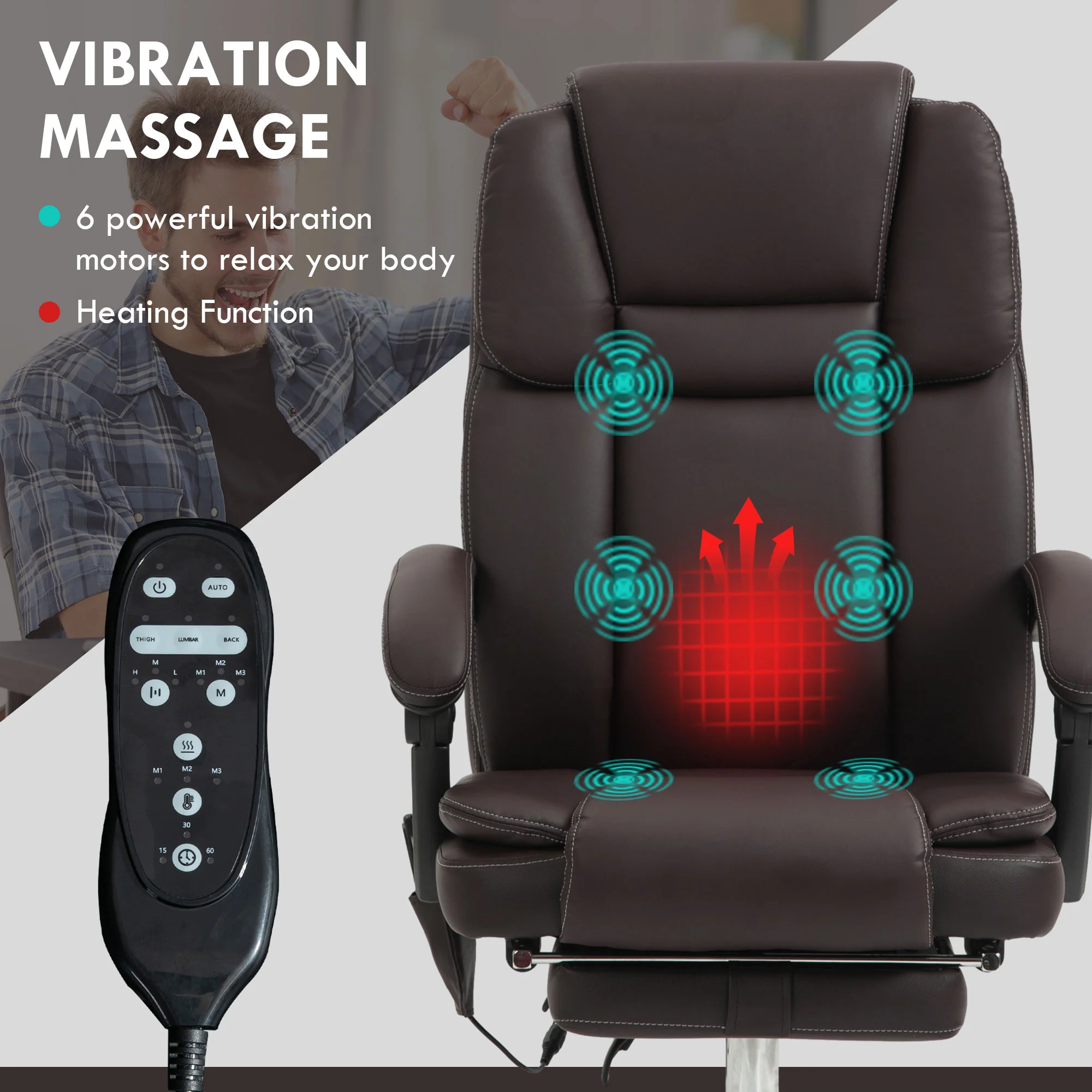 Vinsetto Massage Office Chair, PU Leather High Back Recliner - Image 12