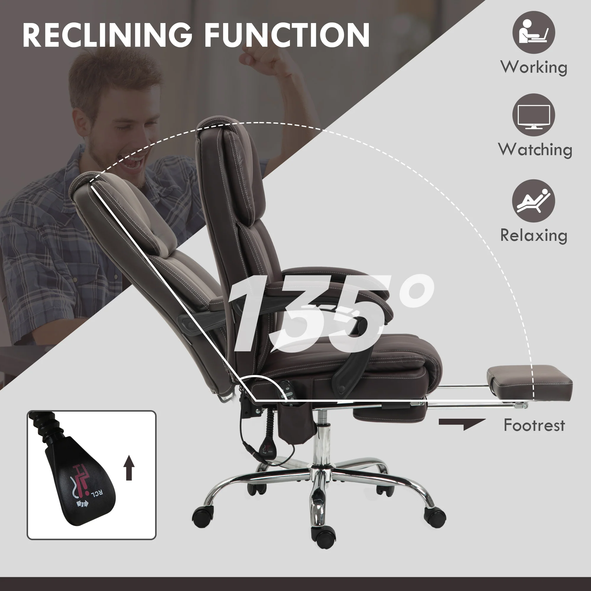 Vinsetto Massage Office Chair, PU Leather High Back Recliner - Image 15