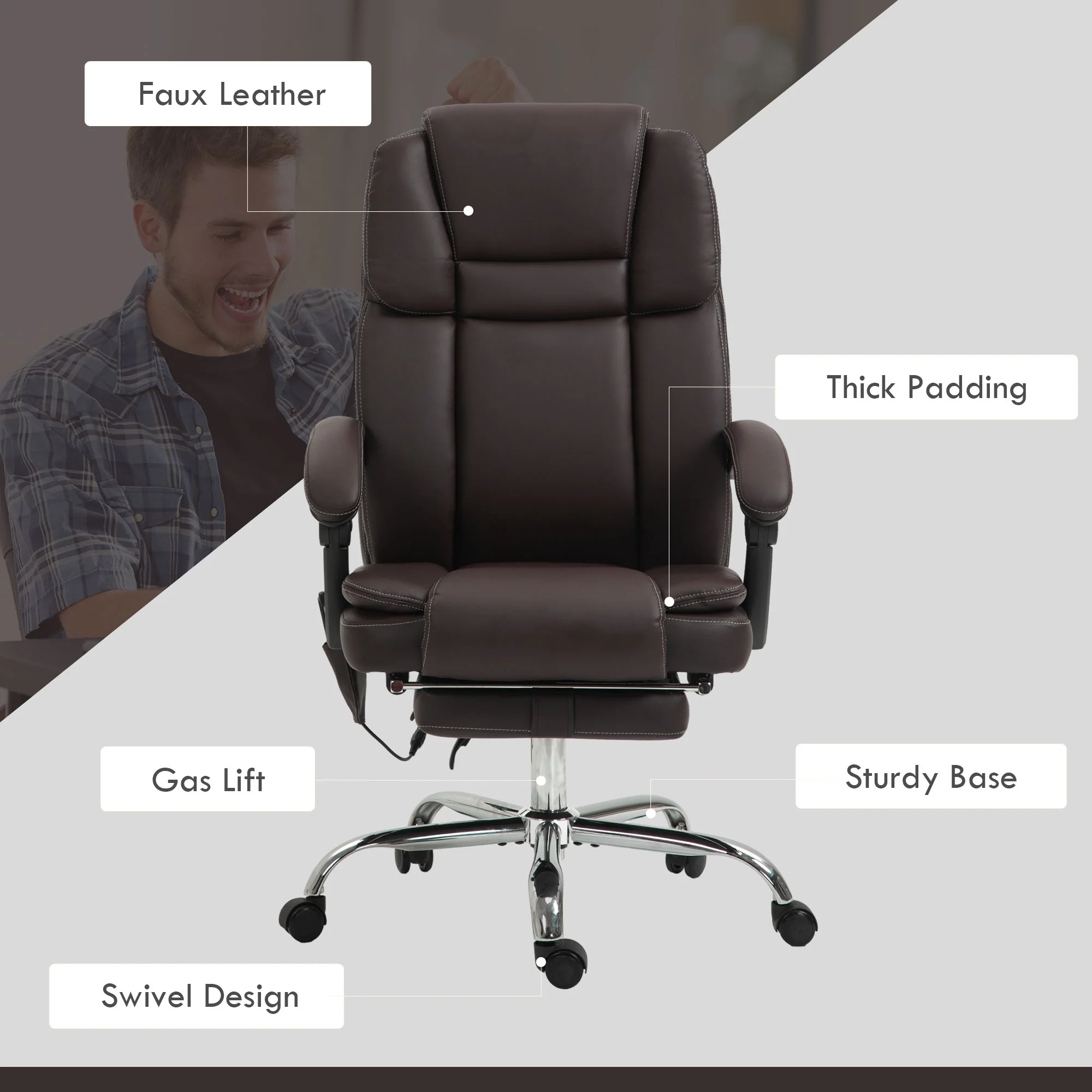 Vinsetto Massage Office Chair, PU Leather High Back Recliner - Image 16
