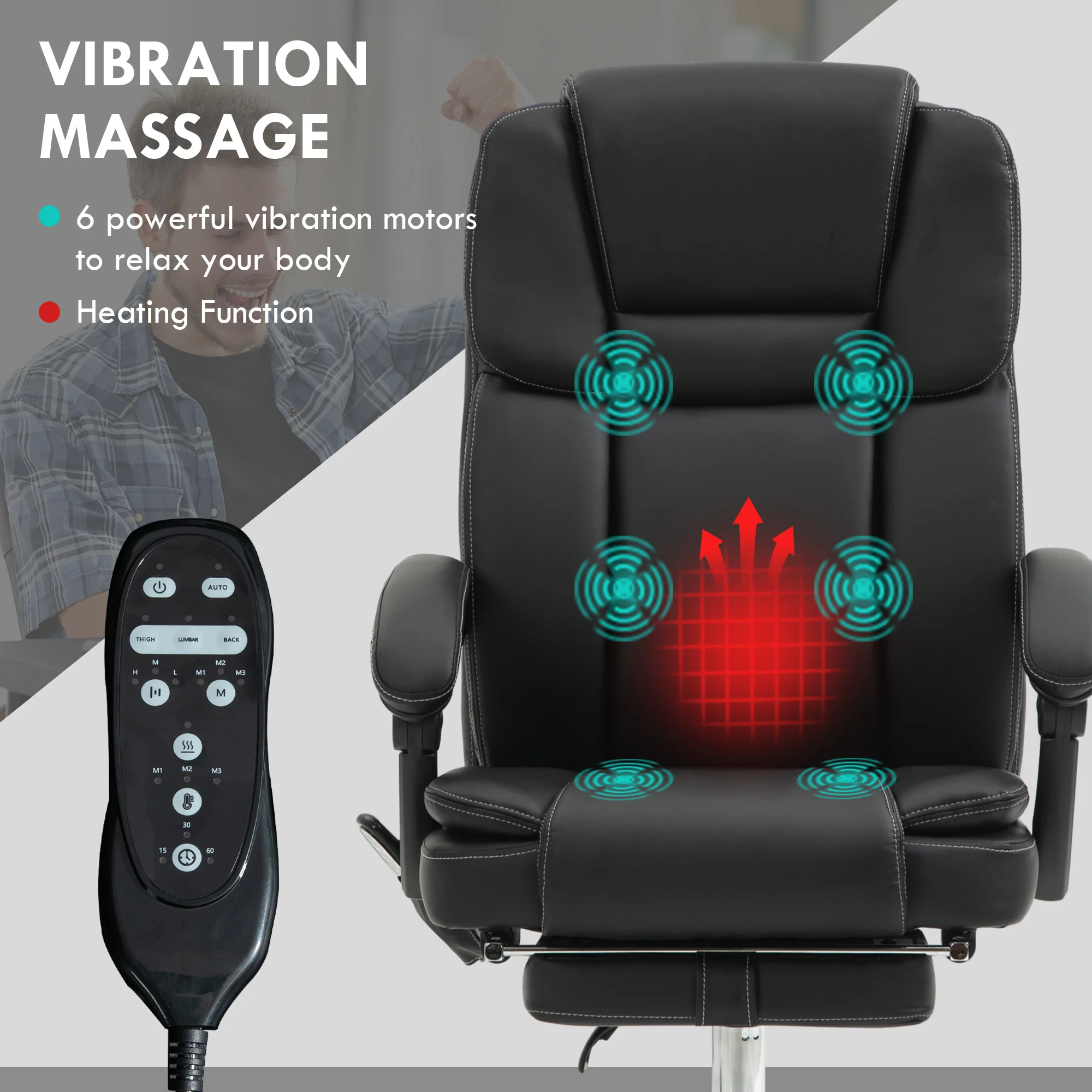 Vinsetto Massage Office Chair, PU Leather High Back Recliner - Image 3